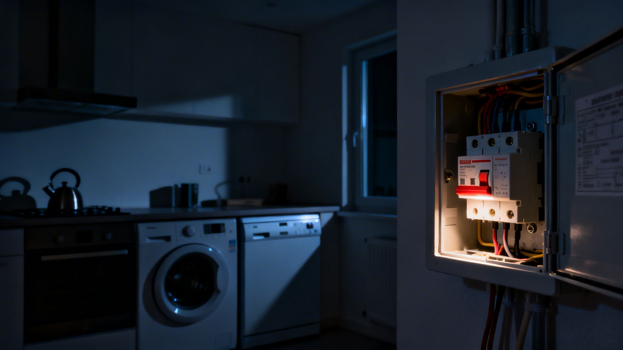 Mørkt køkken med åbent eltavle, der viser en lysende rød relækontakt, hvilket indikerer et strømproblem.