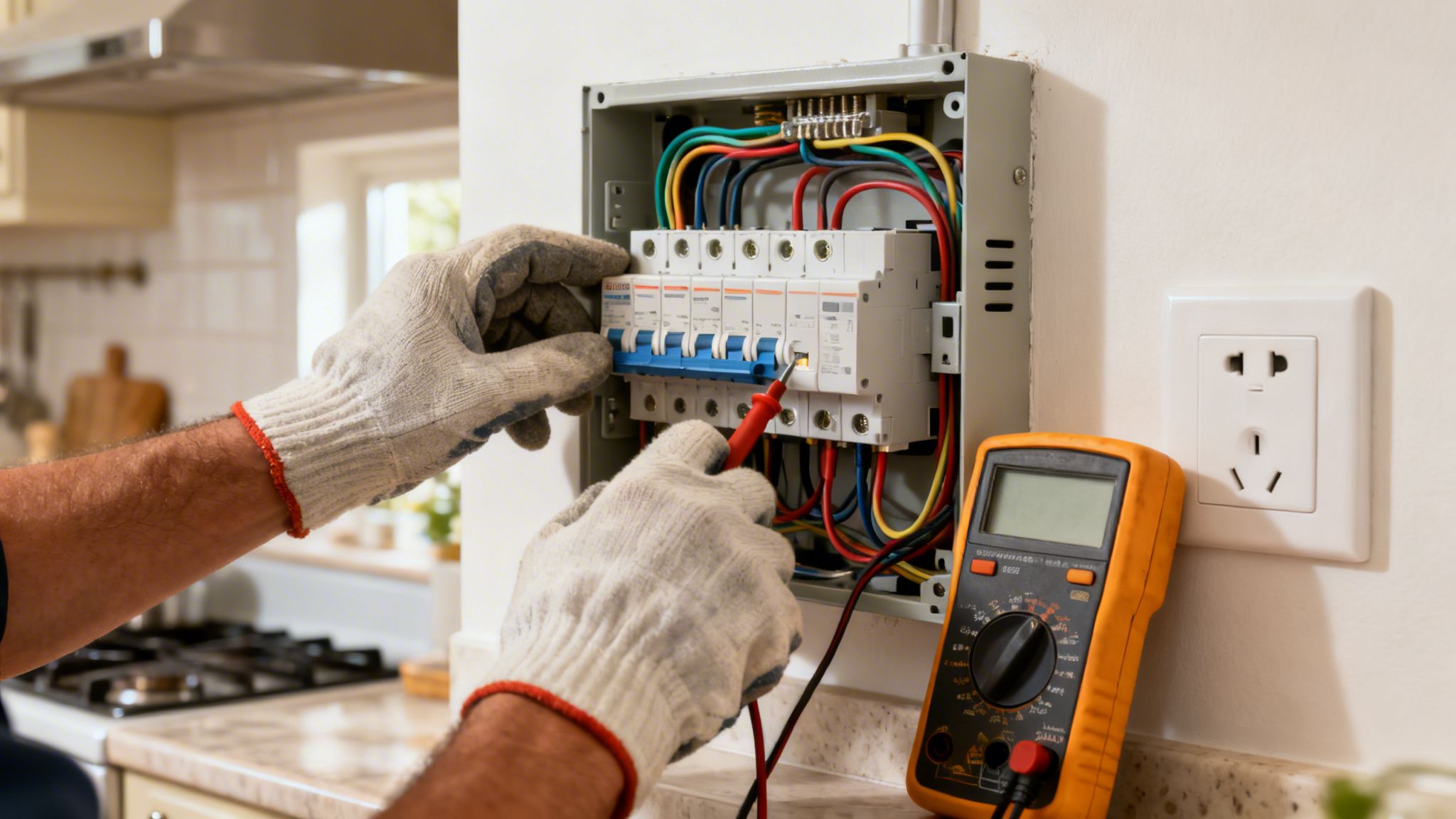 En elektriker i handsker installerer og tjekker et sikringsskab med et multimeter i et køkken.