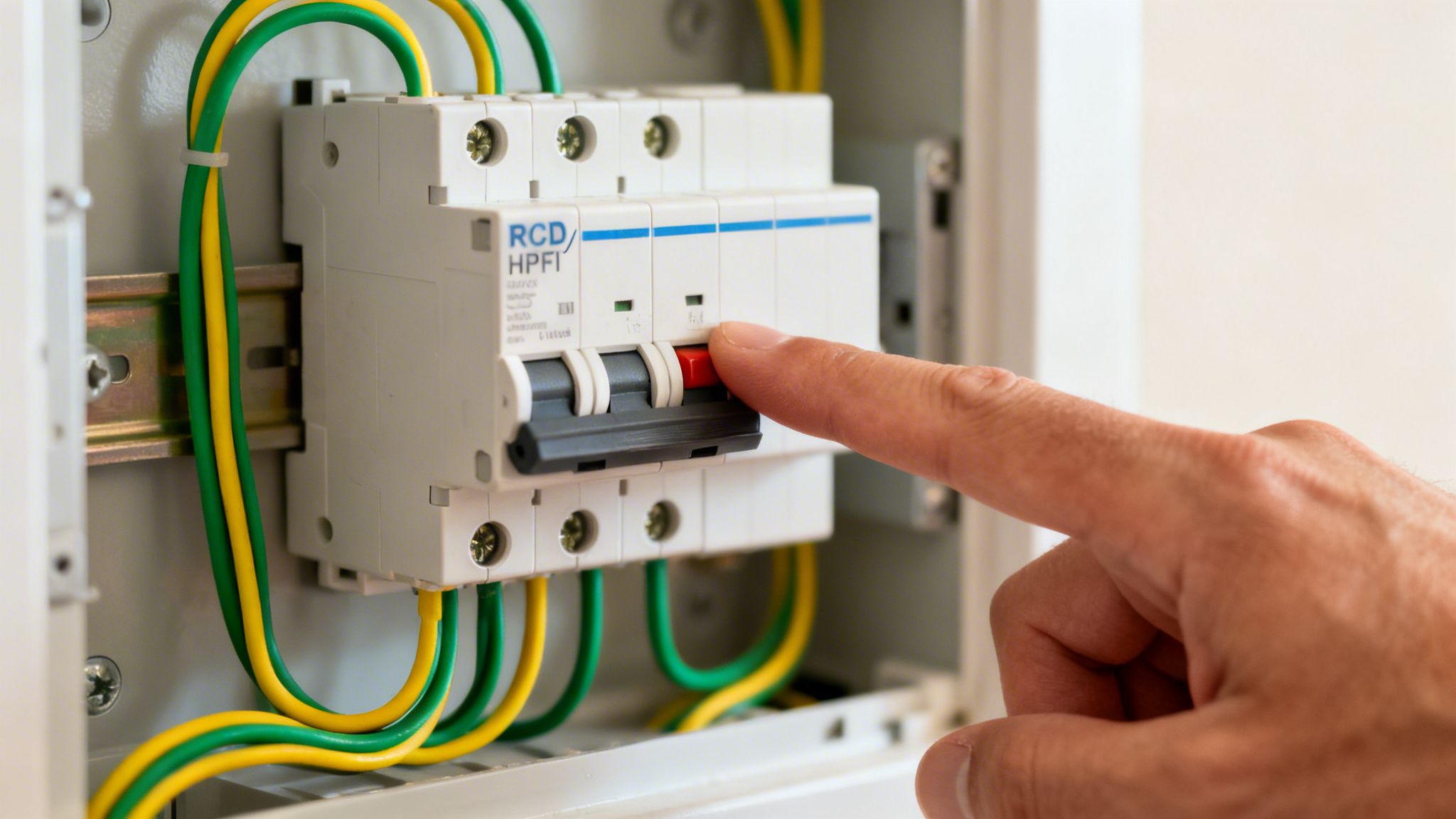 Hånd trykker på den røde testknap på en RCD/HPFI-afbryder i en eltavle med grønne og gule ledninger.