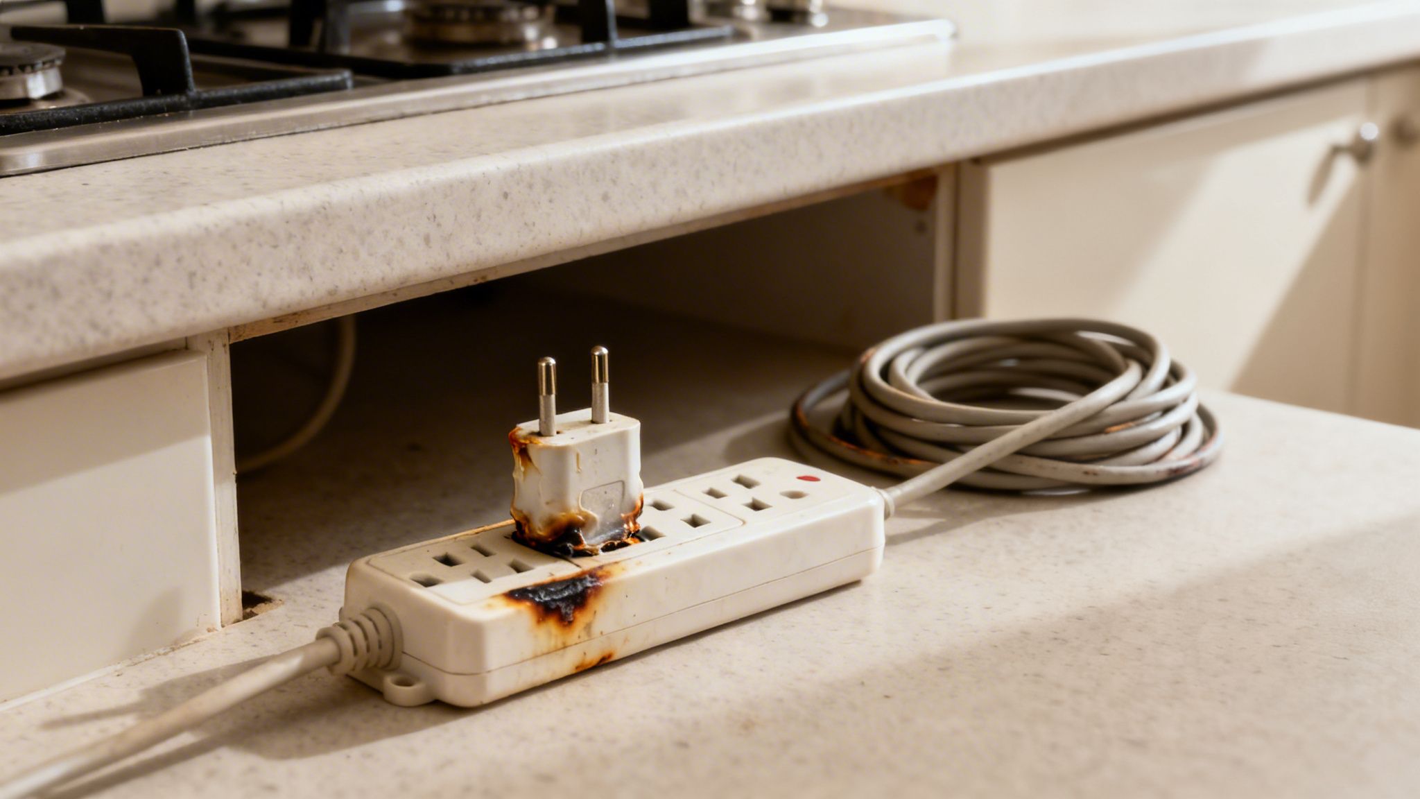 En brændt stikdåse og stik på et køkkenbord, der viser en farlig elektrisk situation.