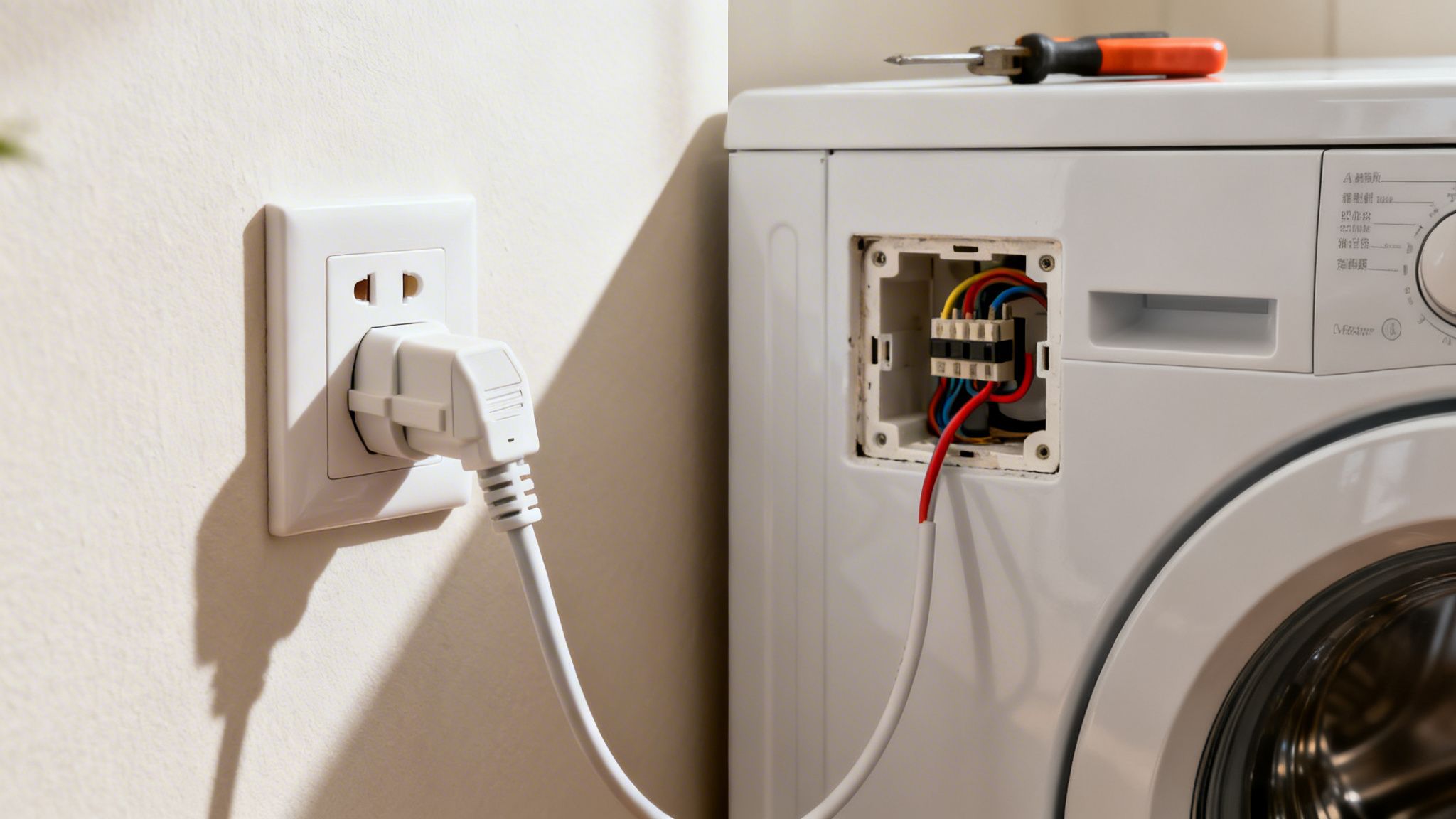 Hvid vaskemaskine med åbent elpanel og stik i væggen, klar til elektrisk tilslutning eller reparation.