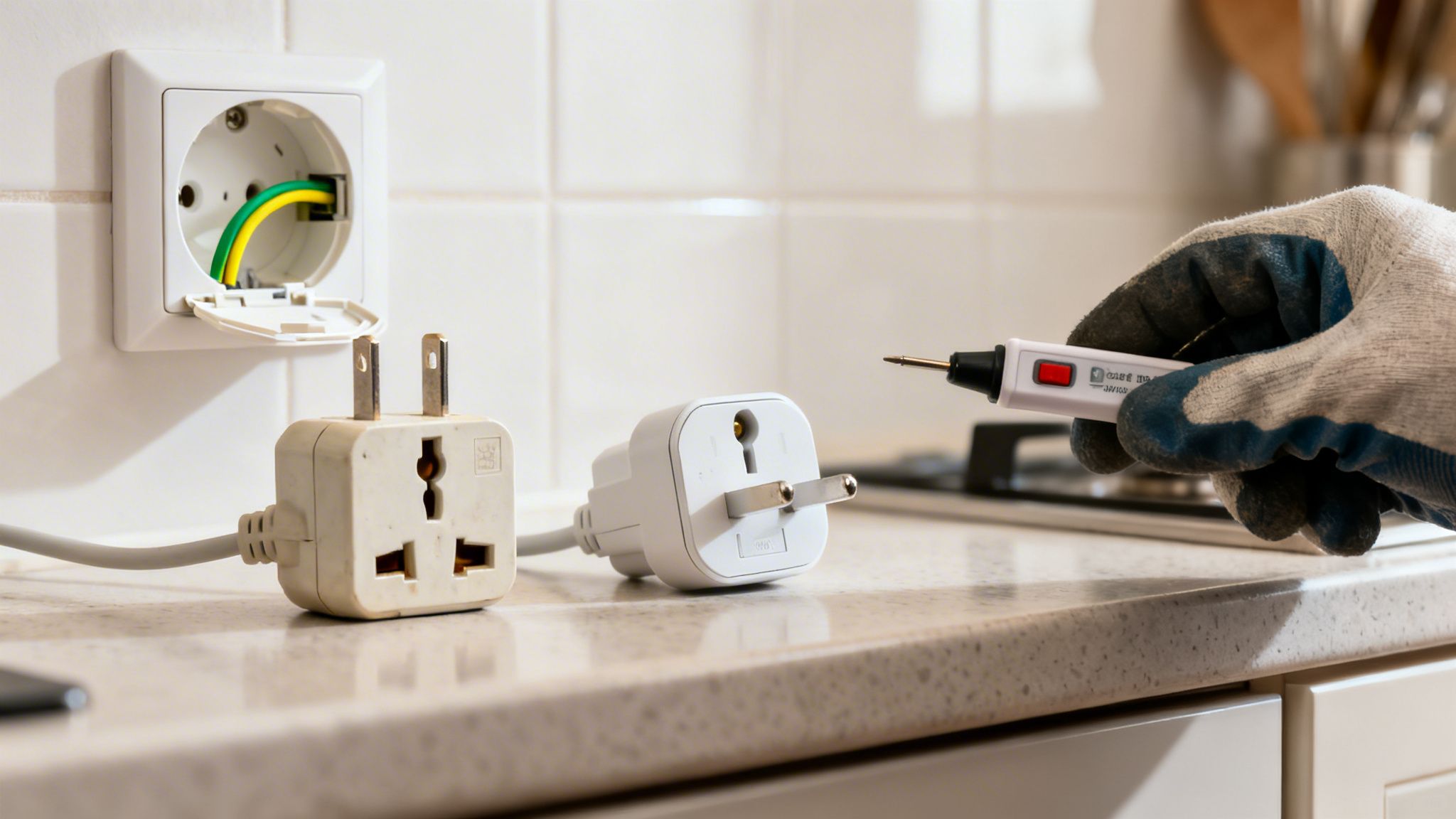 En hånd med handsker holder et spændingstesterinstrument nær elektriske stik og en åben stikkontakt.