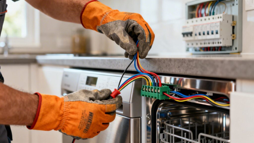 Reparationsarbejde på vaskemaskine med elektrisk ledningsudskiftning.