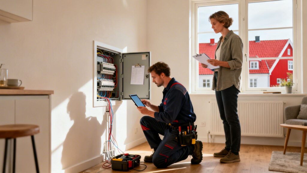 Elektriker arbejder på el-tavle i bolig, service og installation.