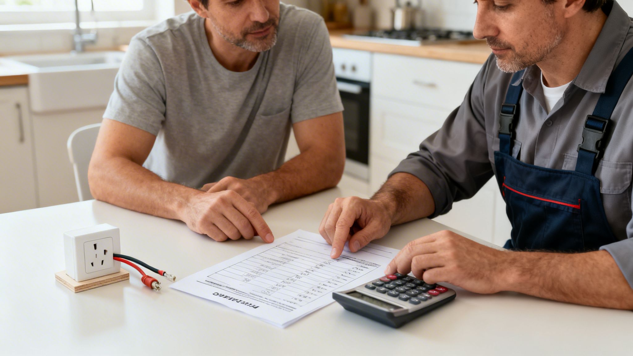 Elektriker gennemgår dokumenter og bruger kalkulator i Hillerød.