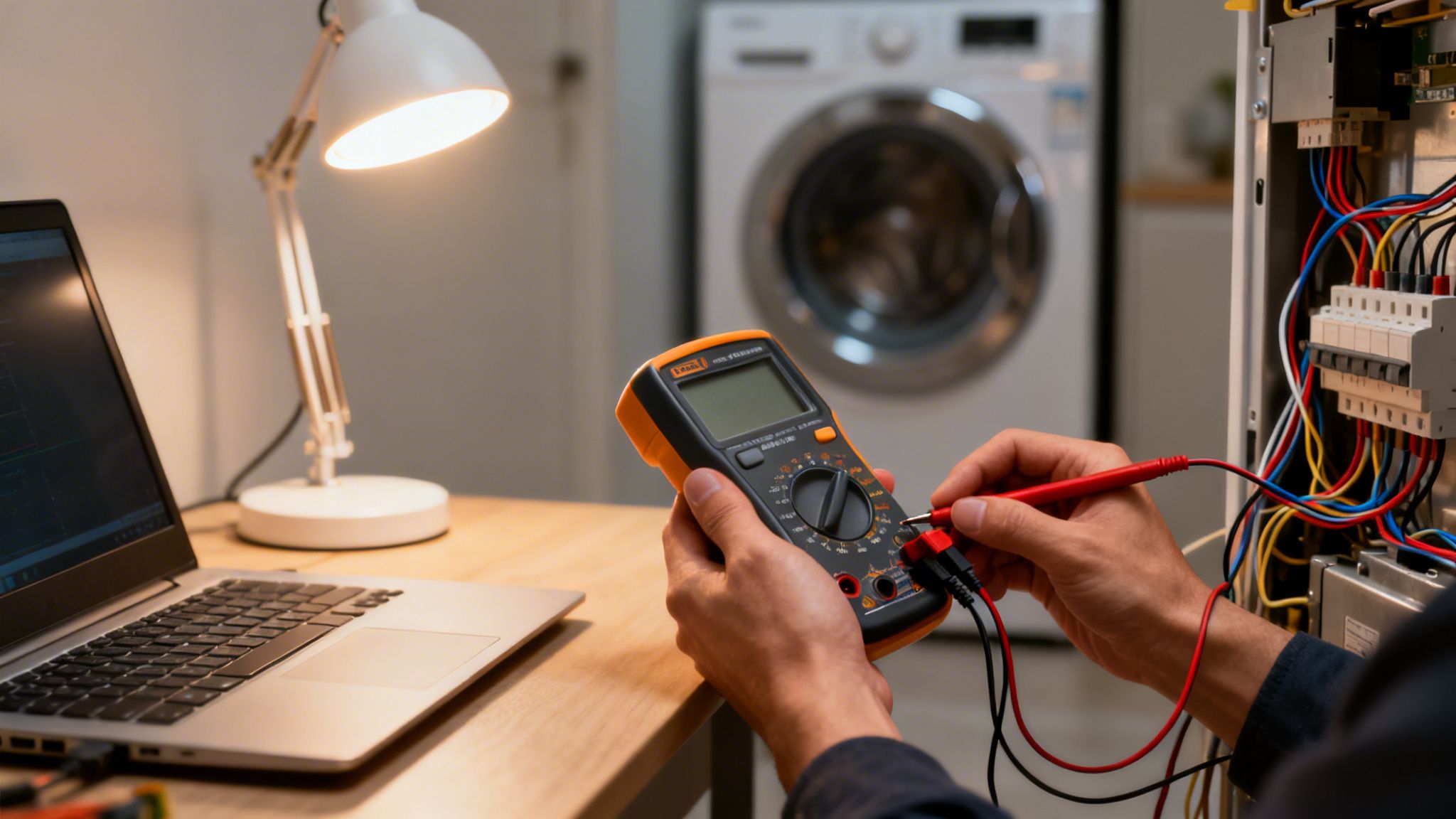 En person bruger et multimeter til at teste et elektrisk panel, med en bærbar computer og en lampe i baggrunden.