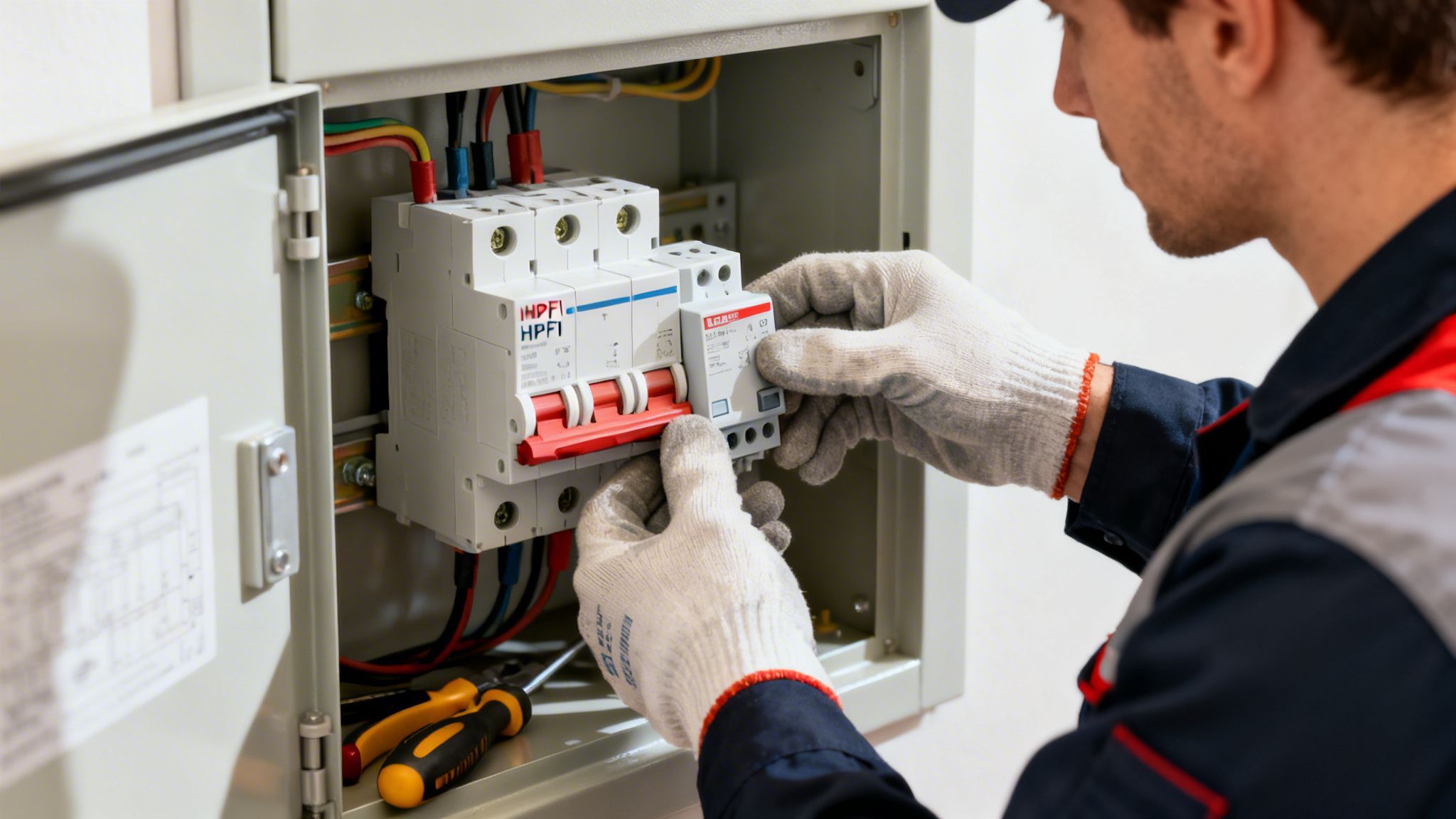 En elektriker i handsker arbejder koncentreret på et elskab og installerer en HFI/HPFI afbryder.