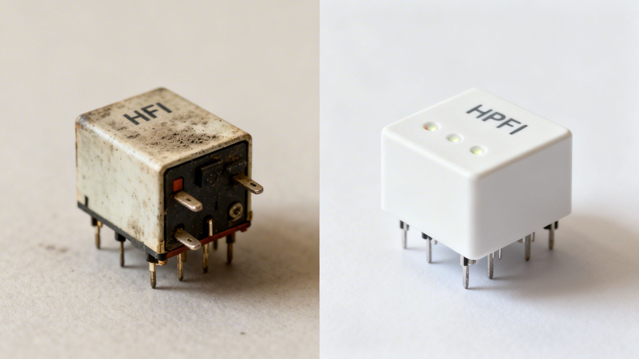 Et før- og efterbillede af to relæer: et gammelt, snavset HFI-relæ og et nyt, rent HPFI-relæ med lysindikatorer.