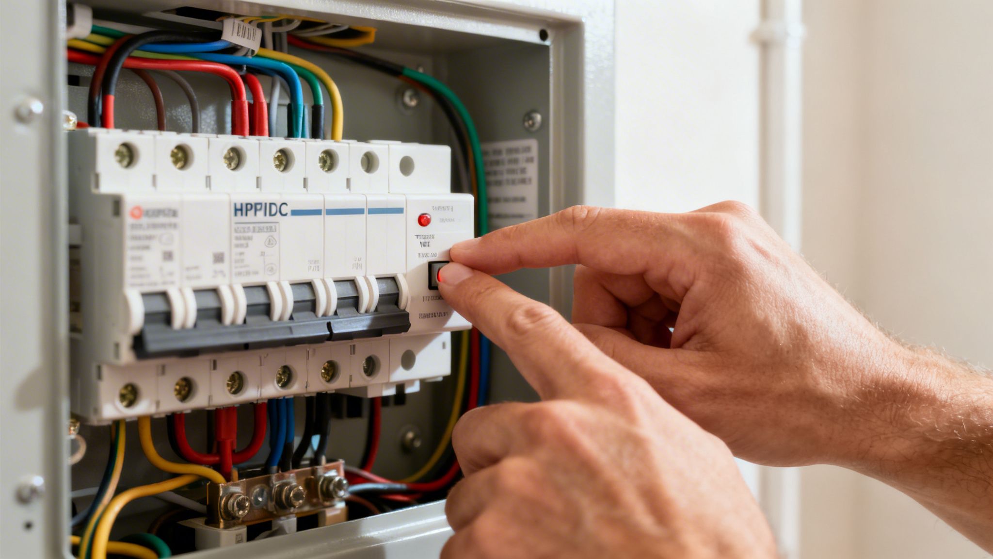 Nærbillede af hænder, der trykker på en rød knap på et HPFI-relæ i et elektrisk panel med mange farvede ledninger.