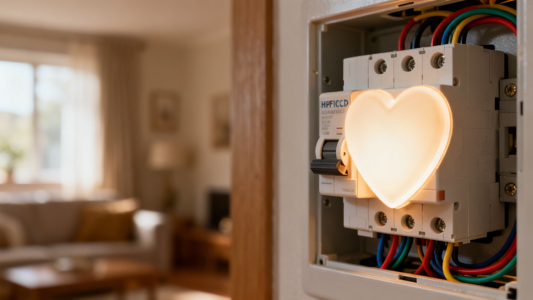 Et åbent el-panel viser et HPFI-relæ med et glødende hjerteformet lys. En sløret stue er i baggrunden.