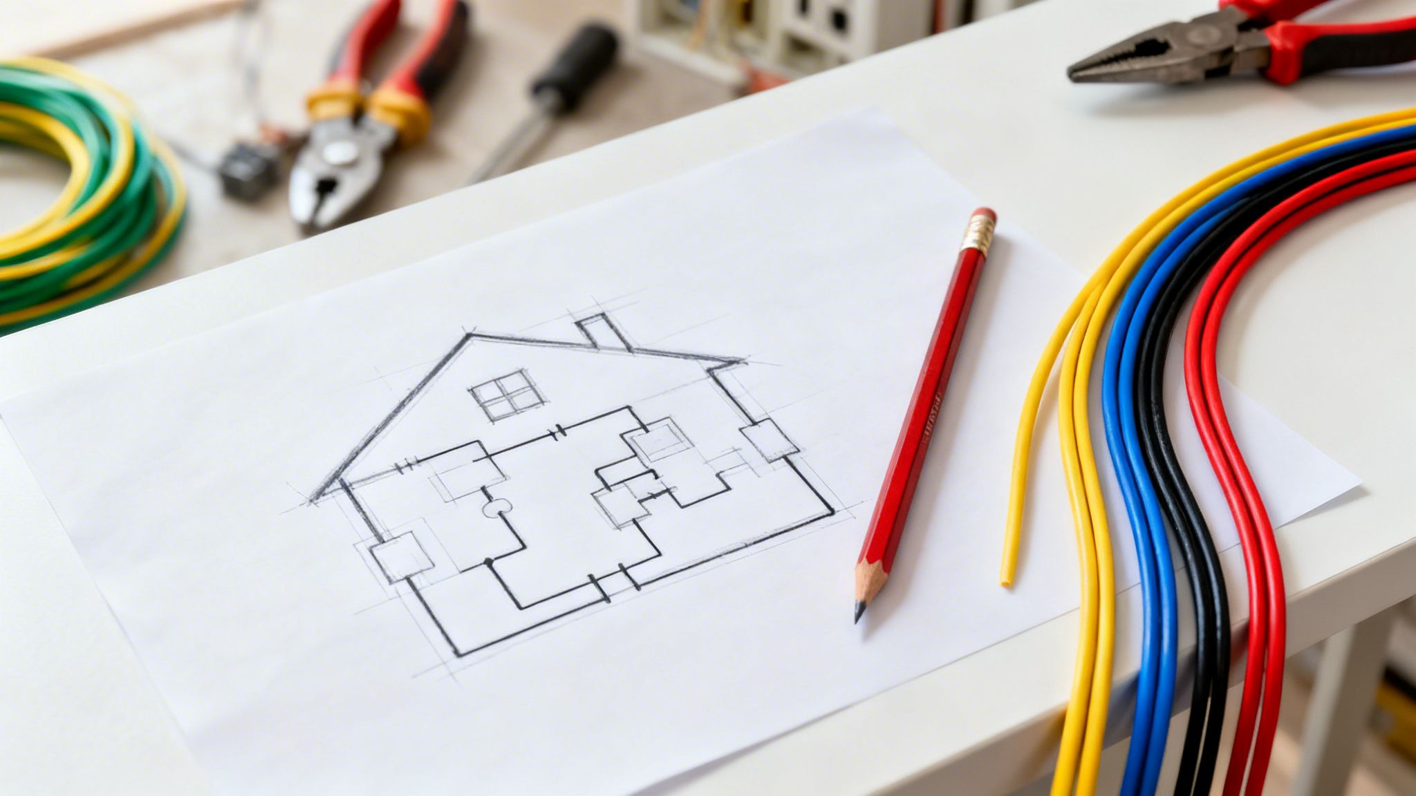 Tegning af et hus med et elektrisk diagram, blyant, ledninger og værktøj på et bord, klar til installation.