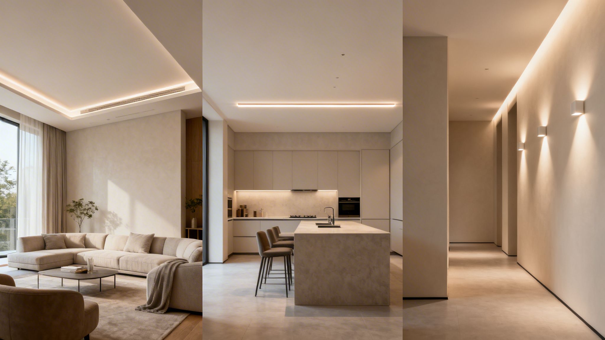 Moderne lejlighed med stue, køkken og gang. Indirekte belysning skaber en varm og indbydende atmosfære.