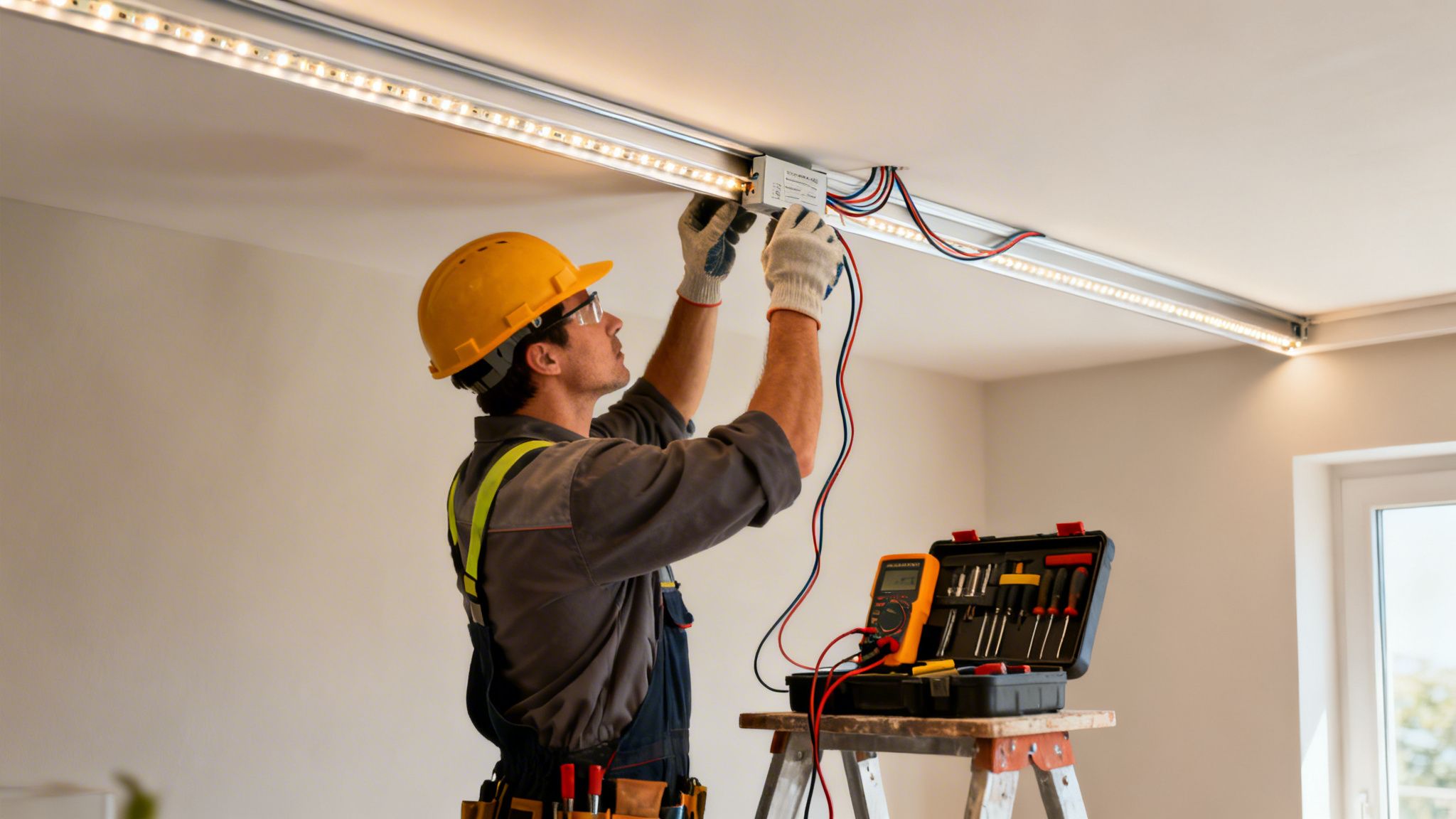 En elektriker monterer LED-loftsbelysning med værktøj og sikkerhedshjelm, måler spænding for korrekt installation.