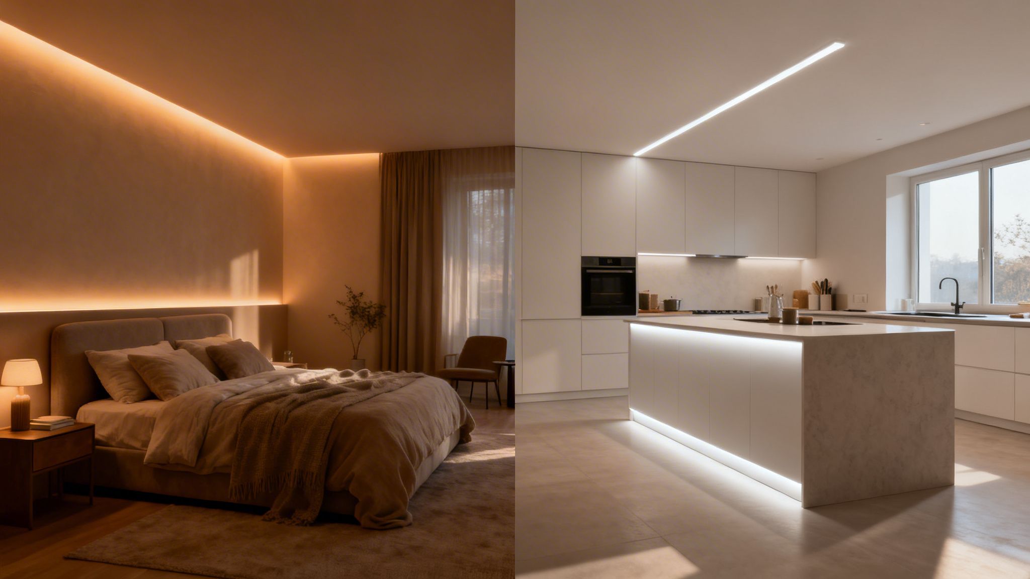 Et soveværelse og et køkken, begge med stilfuld og indirekte belysning.