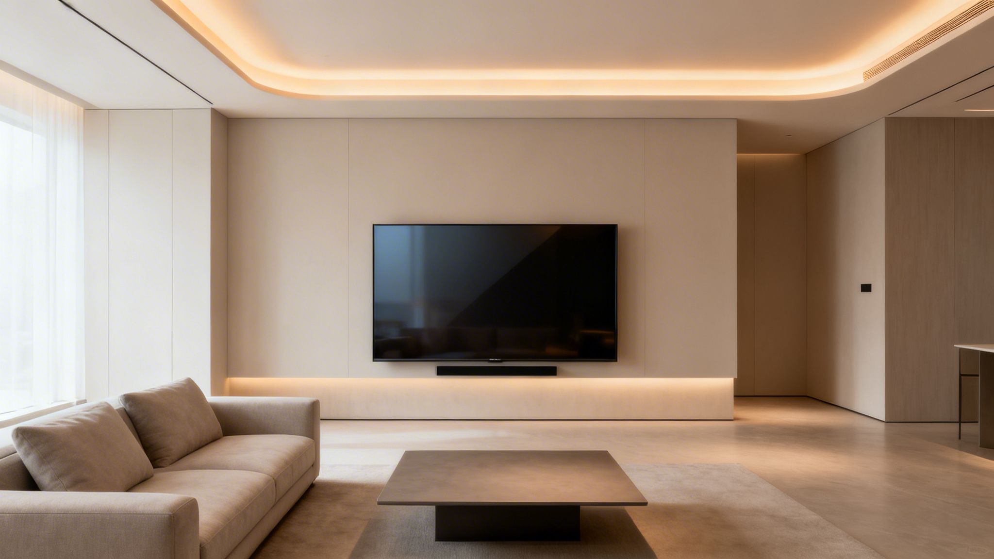 En moderne stue med stort tv, komfortabel sofa og stemningsfuld indirekte loftbelysning.