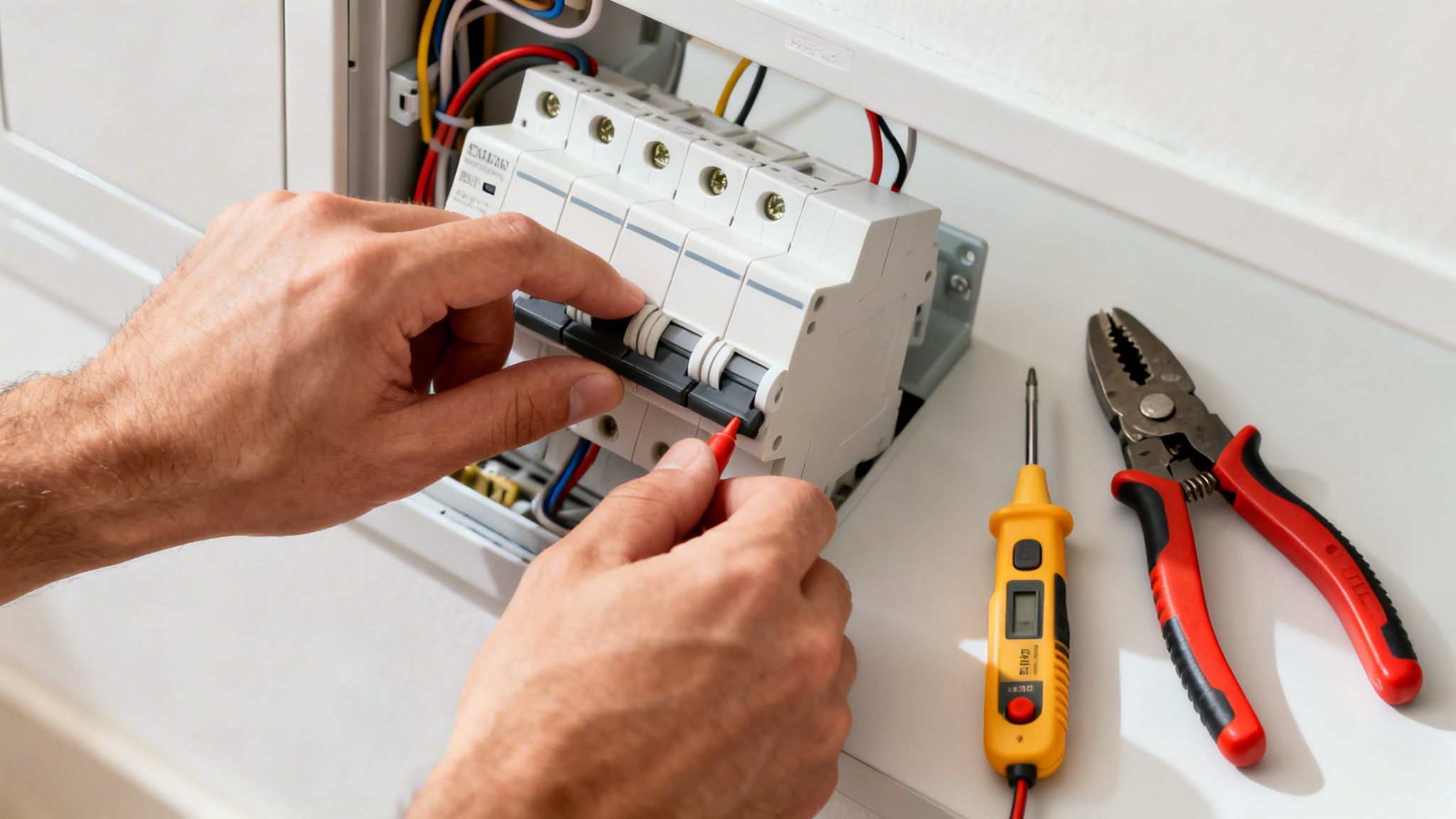 Elektriker arbejder med elektrisk kredsløb, værktøj til installation.