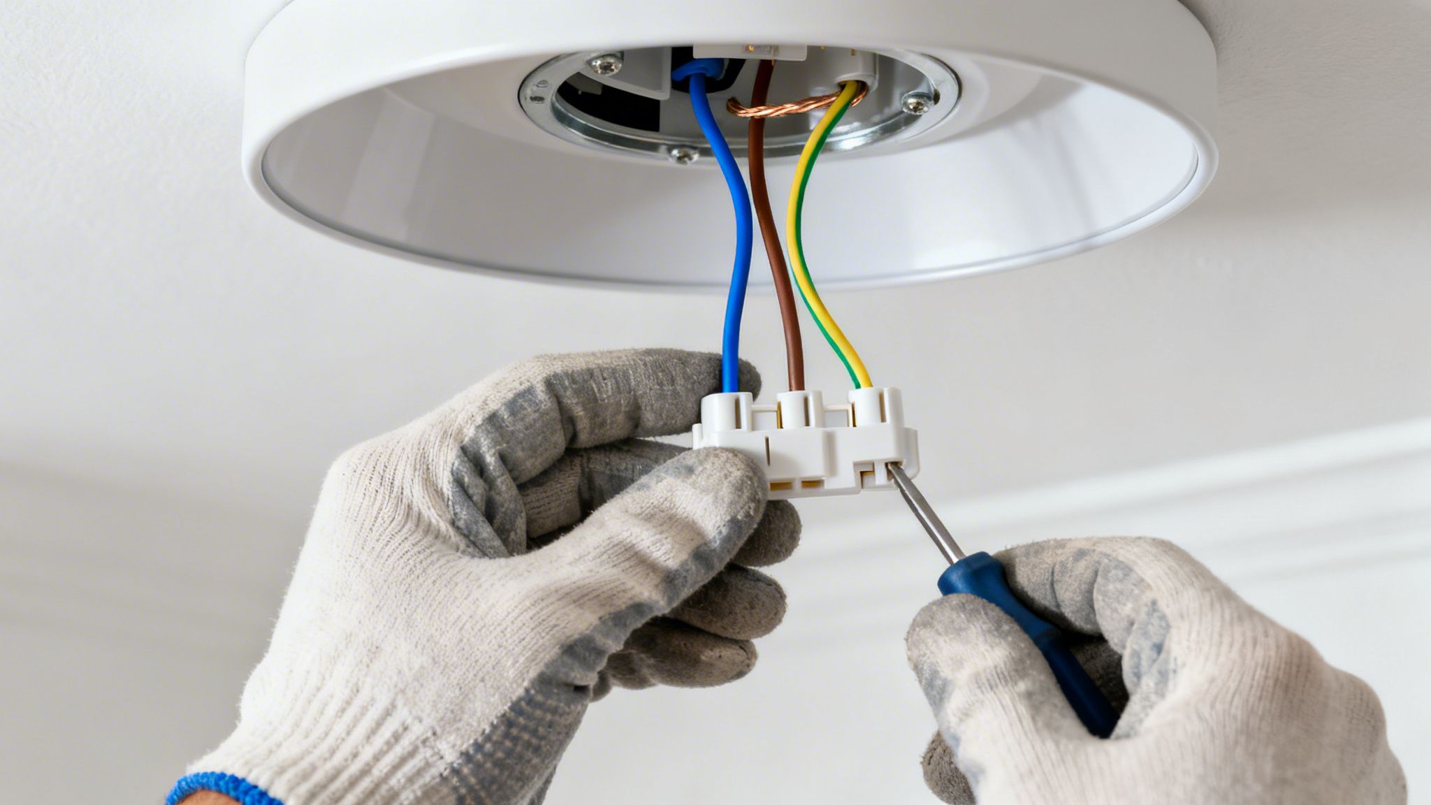 Elektriker installerer lampe i loftet med værktøj.