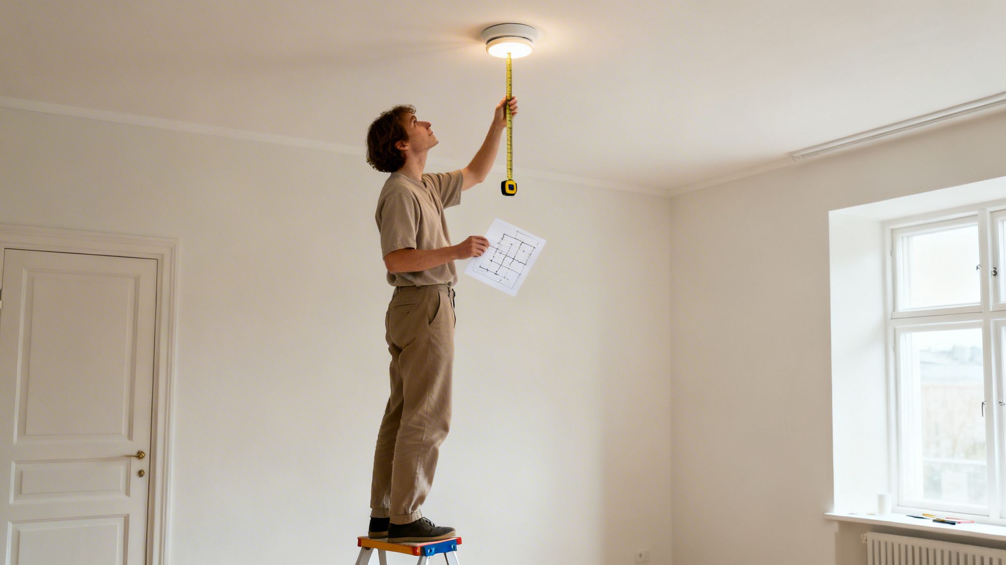 Mand installerer loftlampe med målebånd i stue.