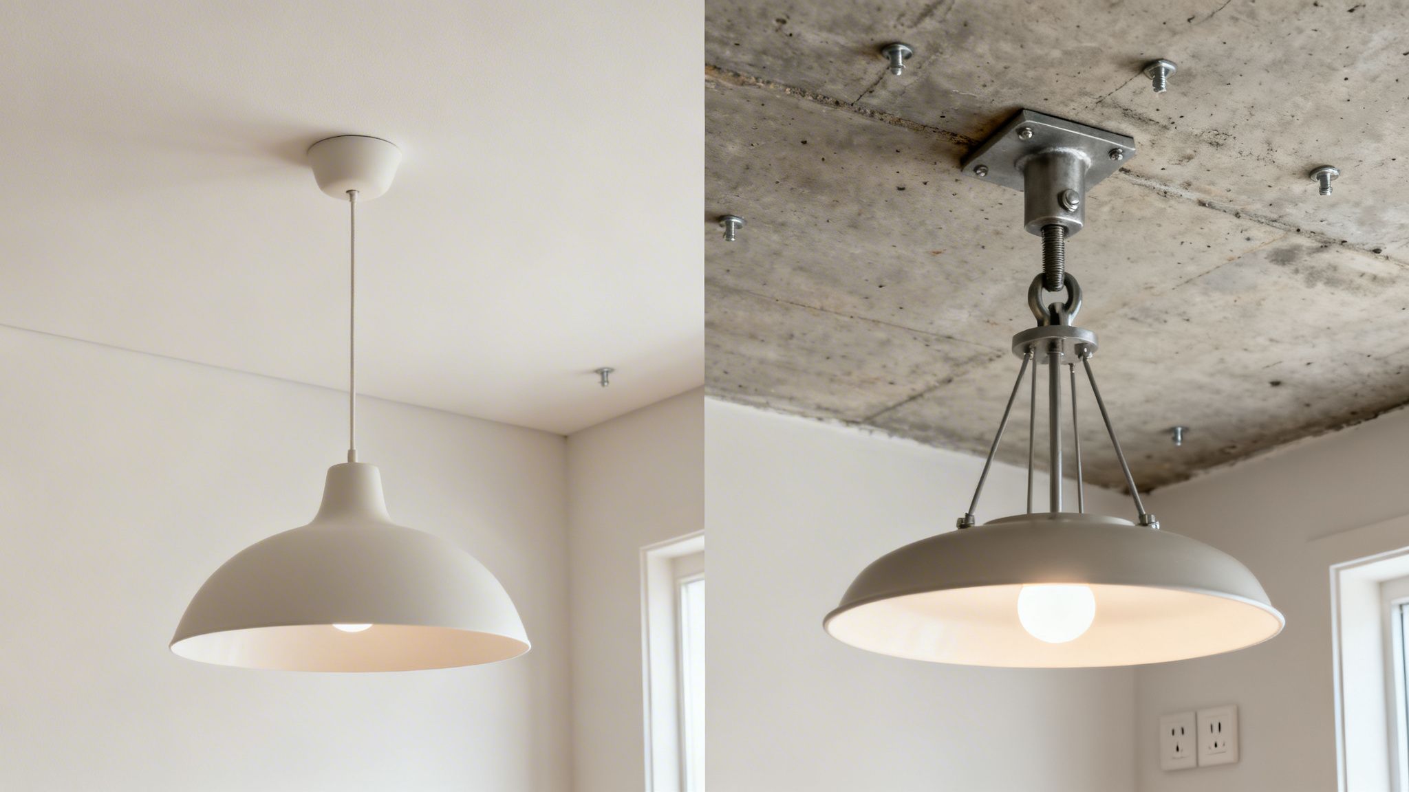 To moderne loftlamper, en hvid og en industrielt stil, installeret i et hjem.