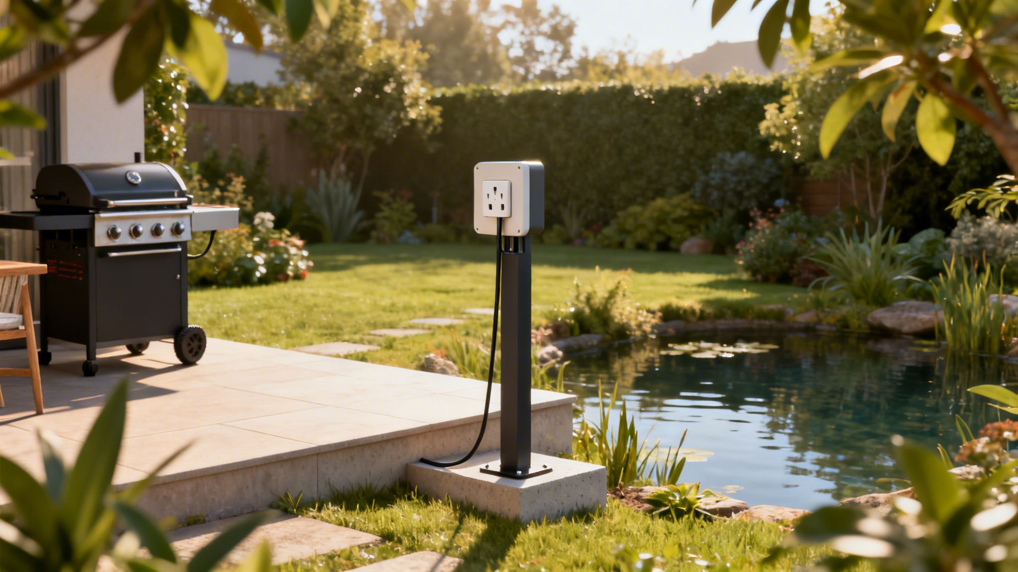 En udendørs stikkontakt på en stander ved en terrasse med grill og havebassin i solskin.