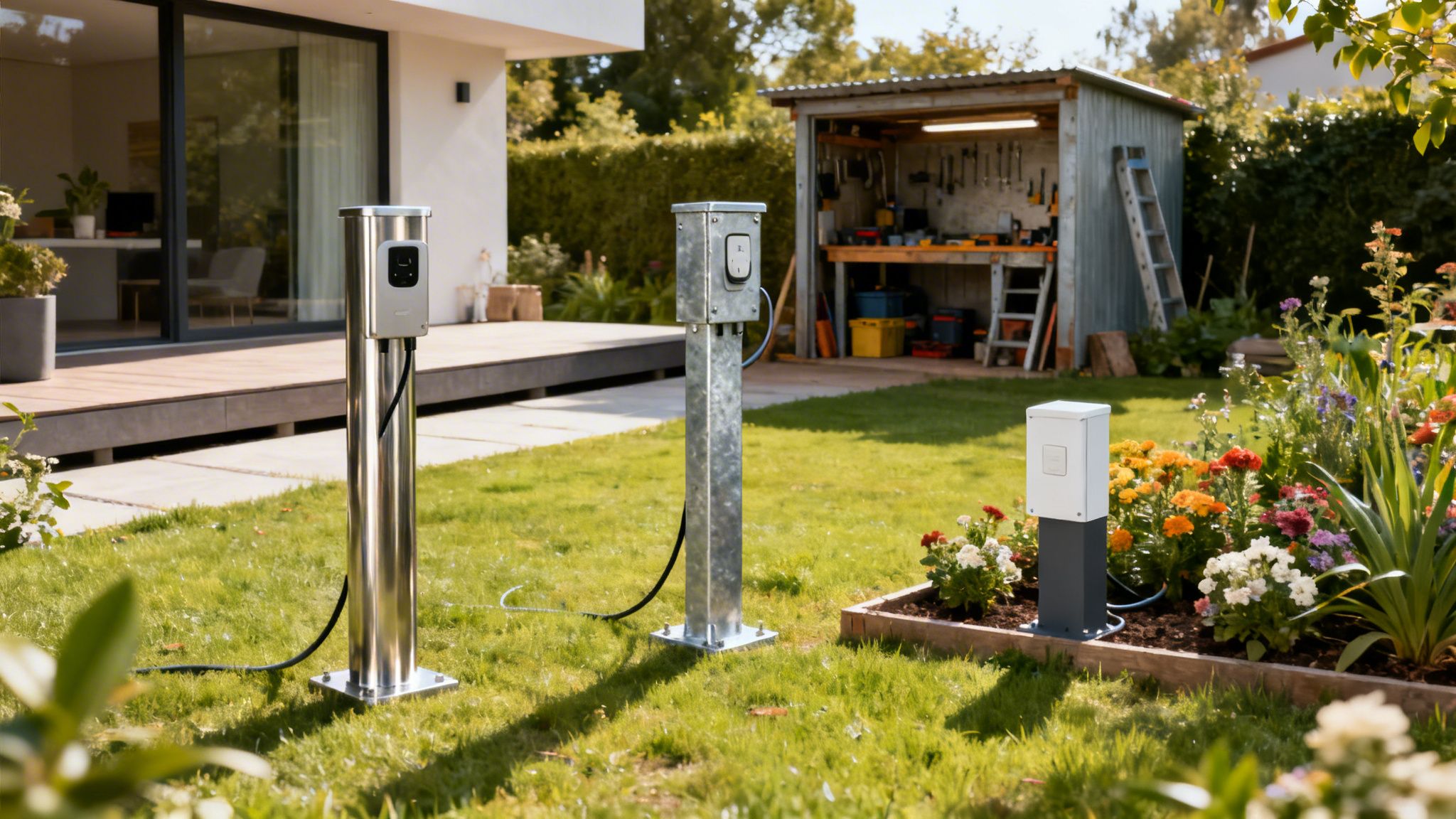 Tre udendørs ladestandere i en grøn have med blomster, et hus og et skur.
