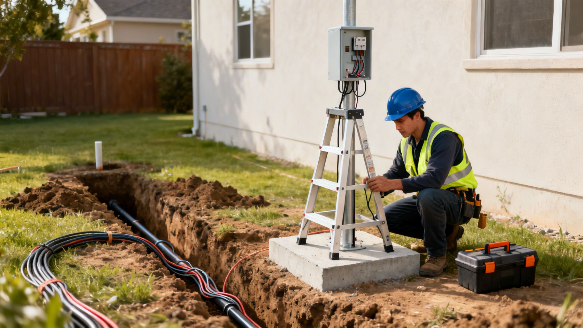 En elektriker i blå hjelm og gul vest installerer udendørs elektrisk udstyr og kabler i en grøft.