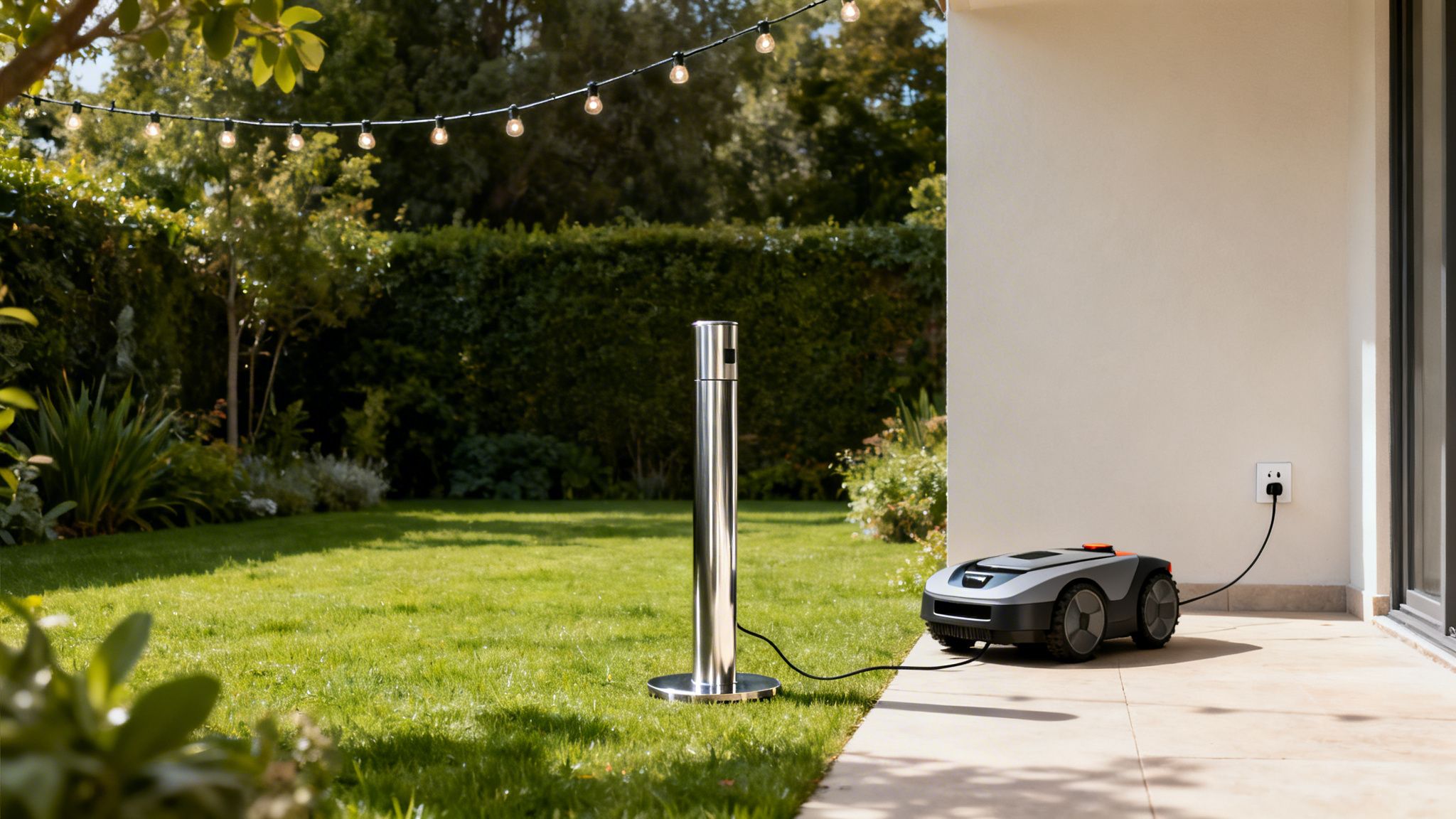 Robotplæneklipper oplader fra en udendørs stikkontakt stander på en terrasse i en grøn have med lyskæde.