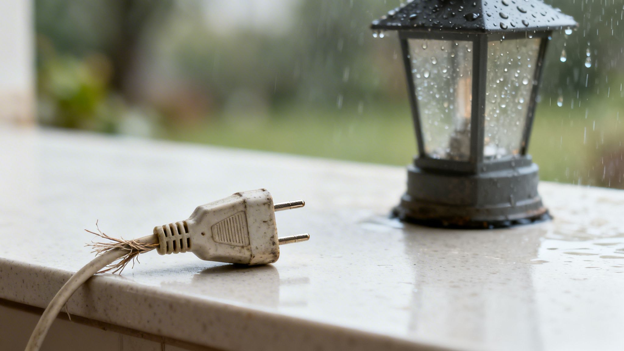 Nærbillede af et beskadiget, snavset strømstik med blotlagte ledninger ved siden af en regnvåd lanterne på en vindueskarm.