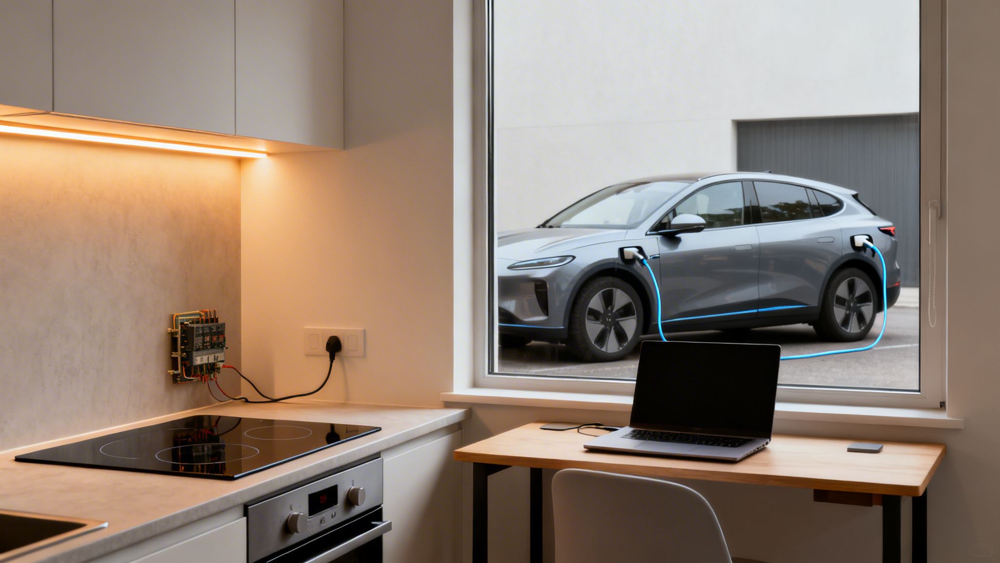 Et moderne køkken og kontorområde med udsigt til en grå elbil, der oplader via to kabler.