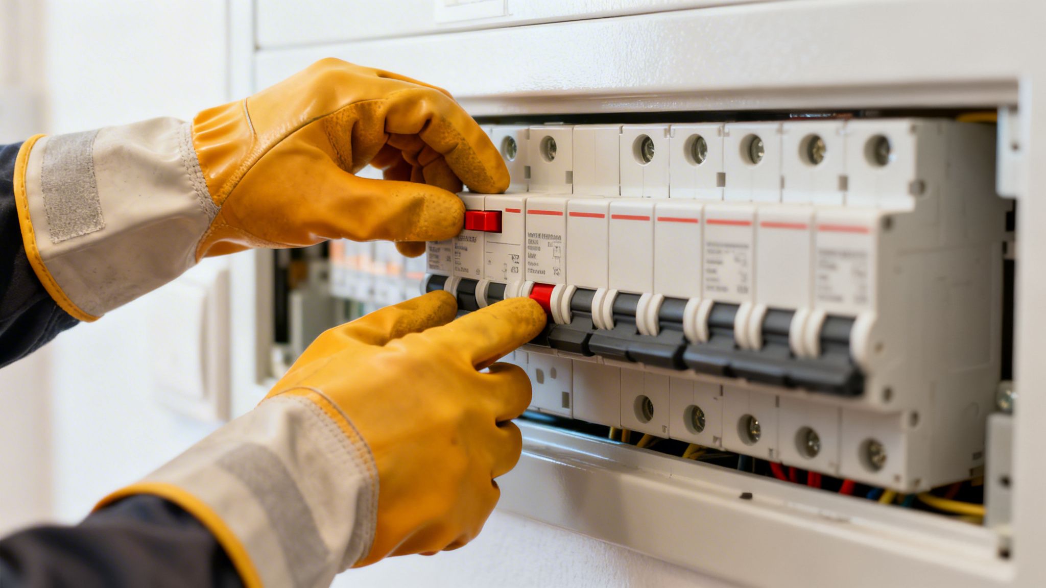 Nærbillede af hænder i gule sikkerhedshandsker, der justerer automatsikringer i en el-tavle.