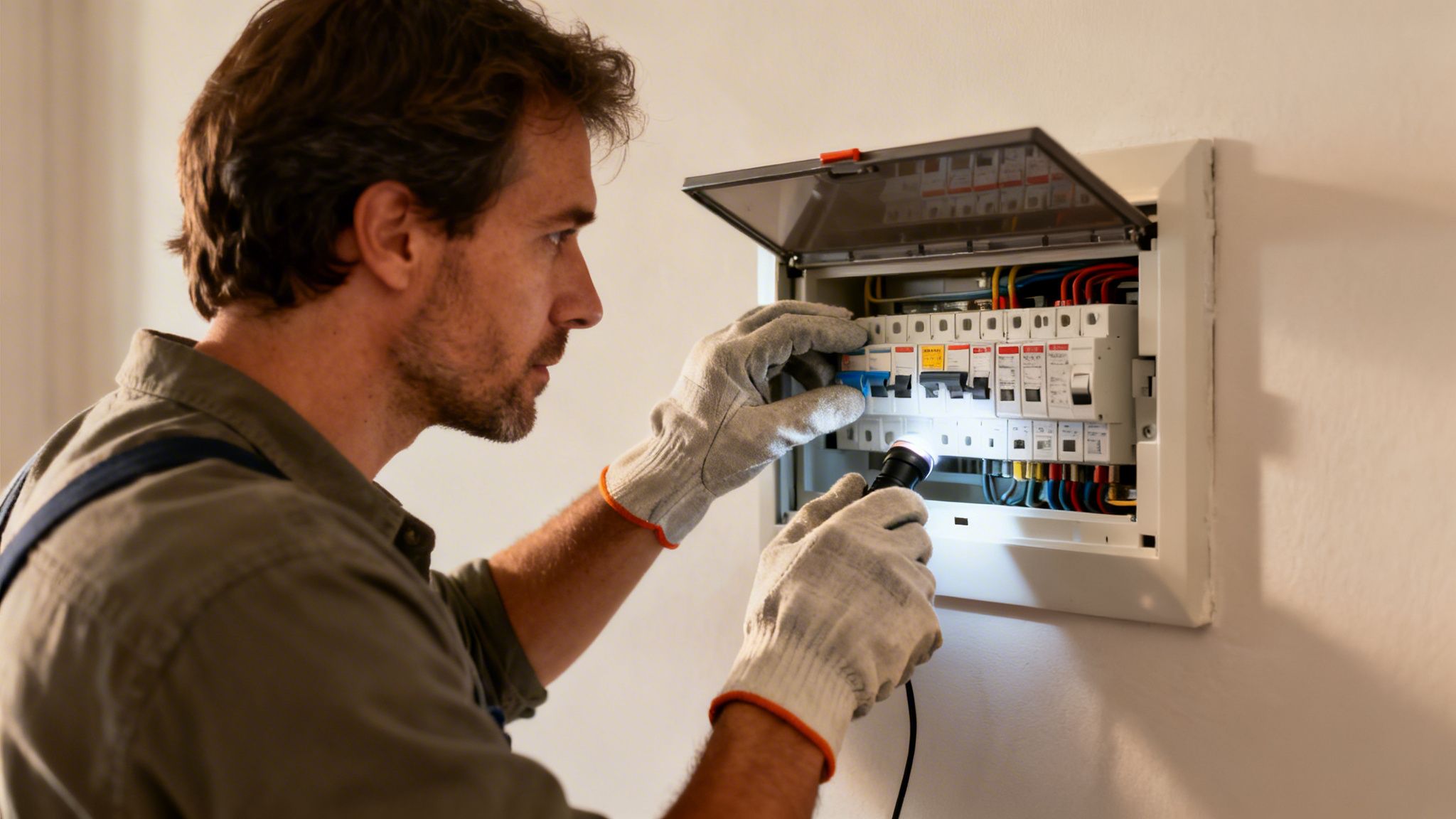 En elektriker med handsker inspicerer et elektrisk sikringsskab med en lommelygte.