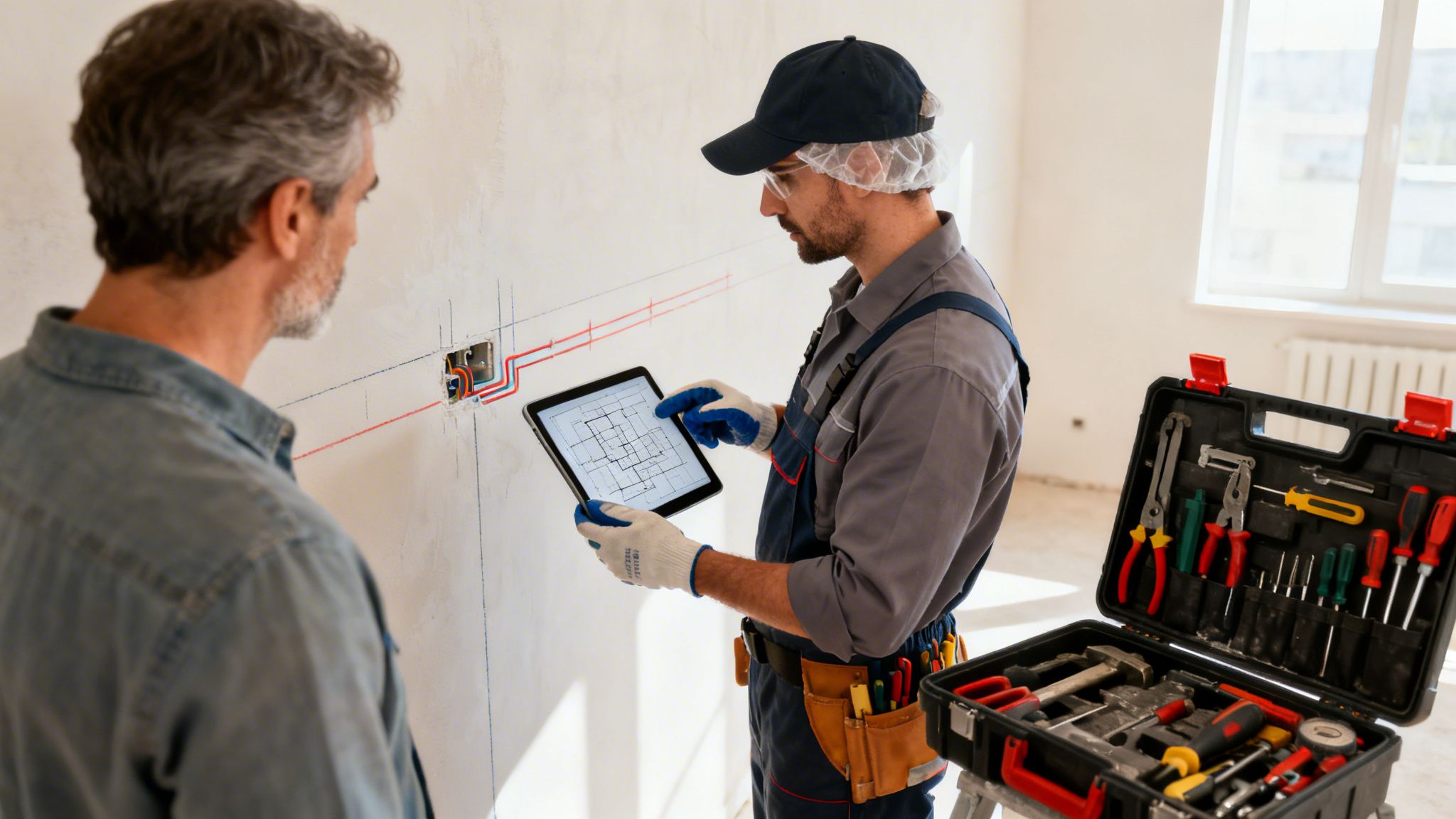 To mænd diskuterer el- eller VVS-installationer i en væg ved hjælp af en tablet med tegninger.