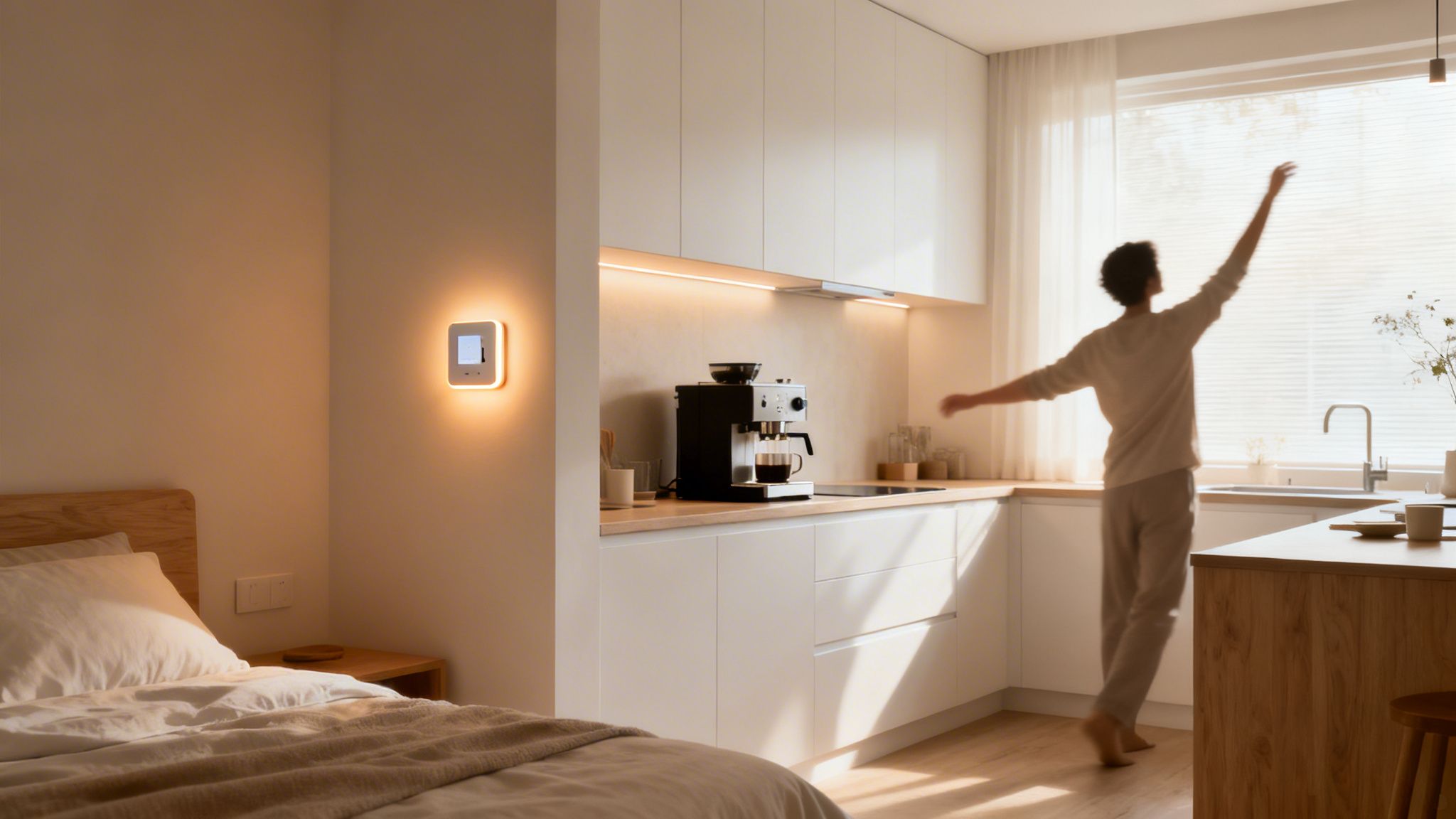 Billedet viser en person, der bruger smart home teknologi i et moderne køkken.