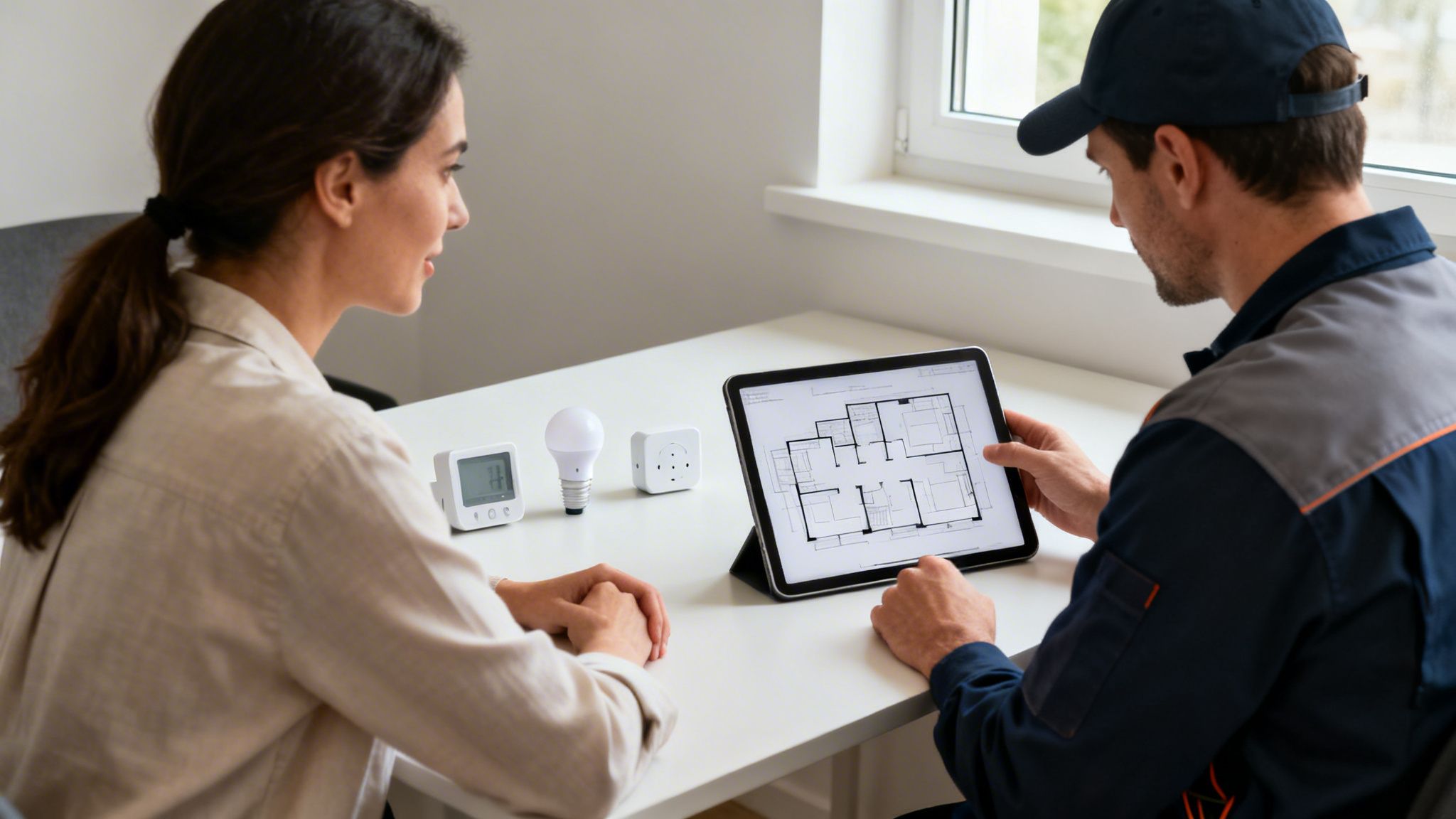 To personer diskuterer smart home systemer med en tablet, der viser et hjemmekontrollayout.
