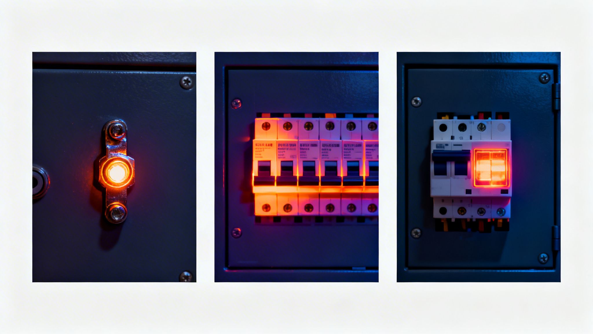 Tre close-ups af eltavler med lysende orange og røde indikatorlamper og afbrydere, der viser funktion.