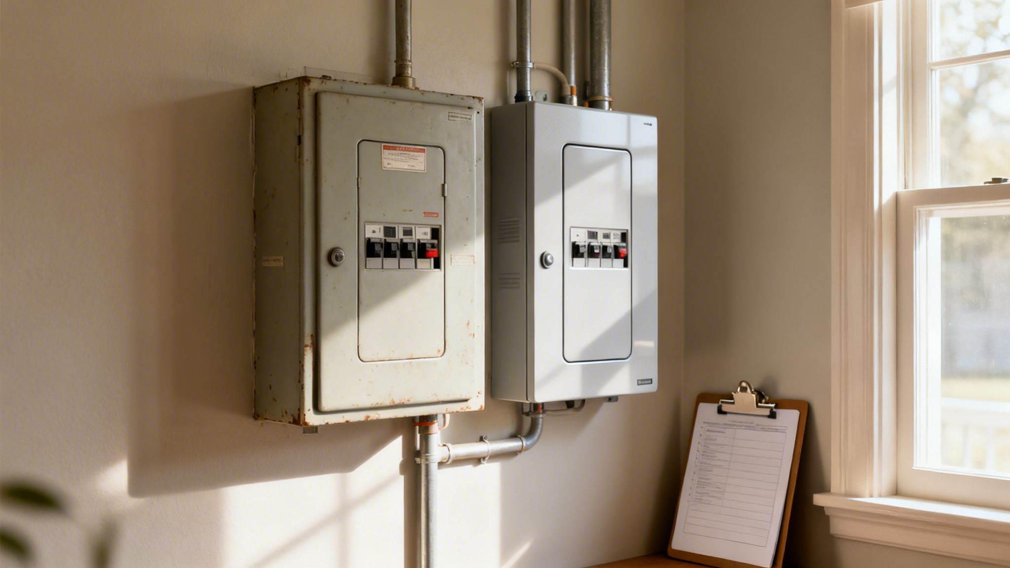 To eltavler, en gammel og en ny, monteret på en væg i et rum med et vindue, oplyst af sollys.