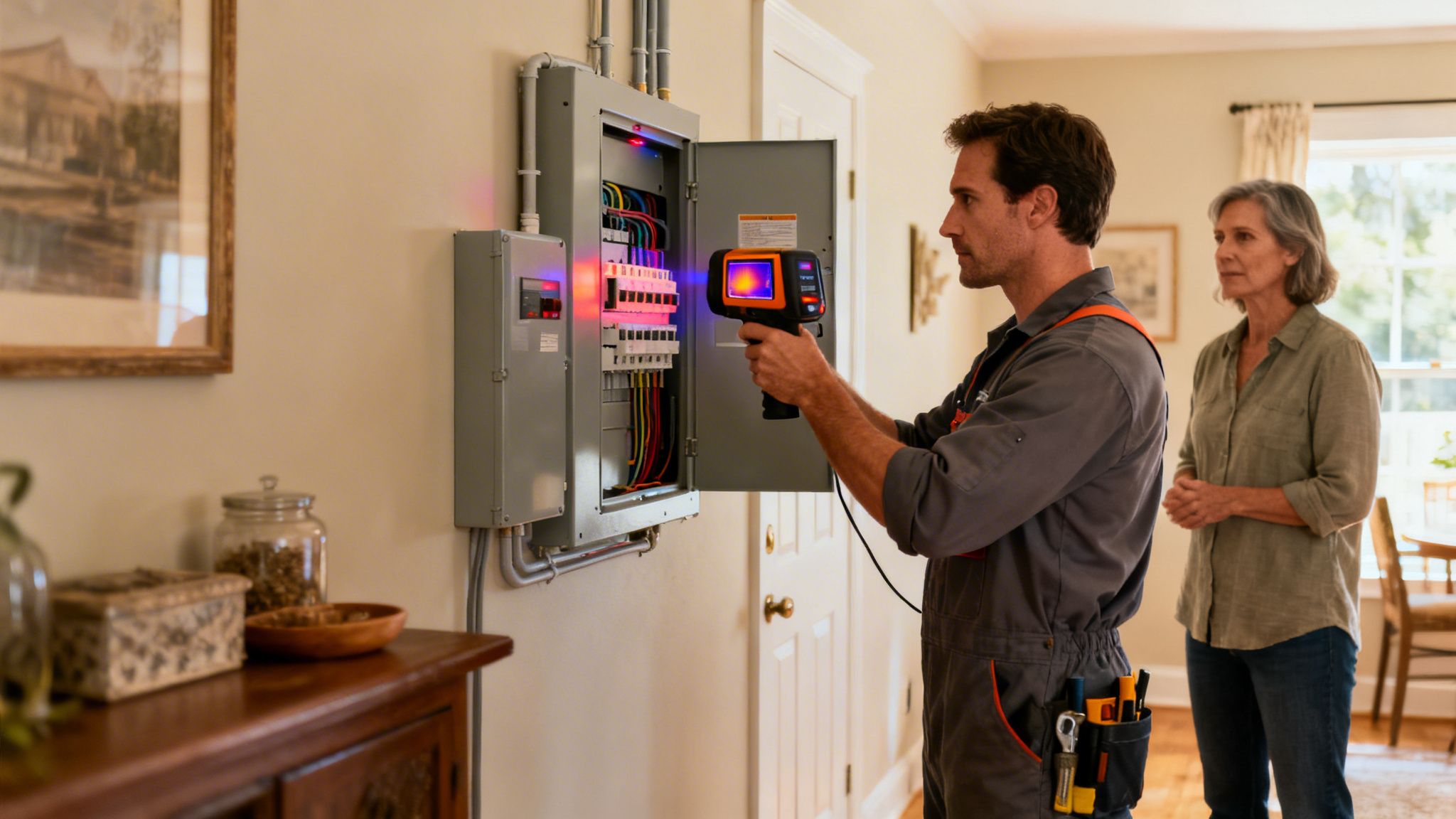 En elektriker inspicerer en eltavle med et termisk kamera, mens en kvinde ser på.