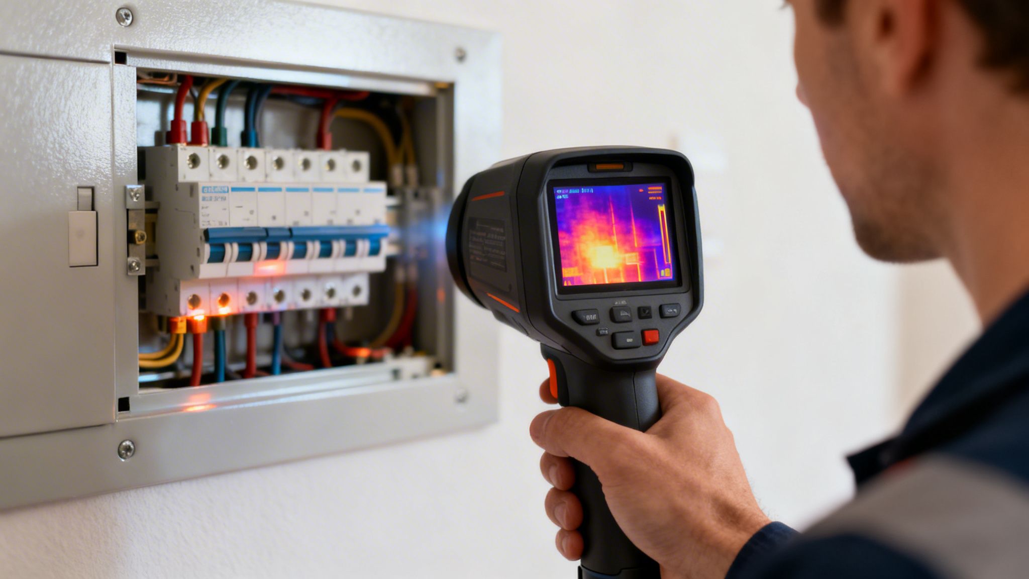En tekniker bruger et termisk kamera til at inspicere en eltavle og opdage varmeudvikling.