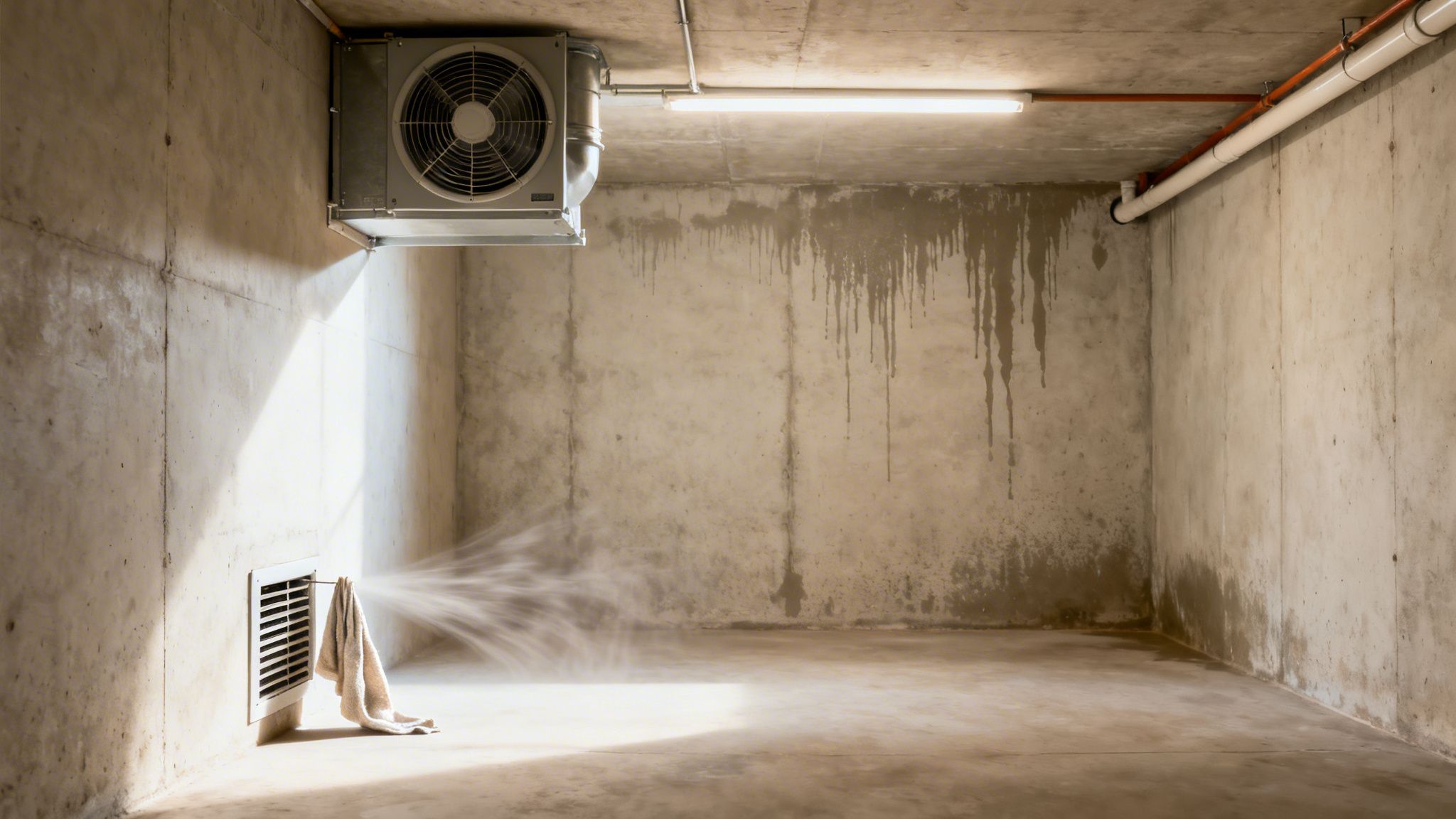 Et fugtigt betonrum med et ventilationsanlæg i loftet og damp fra en udluftningsrist med et håndklæde.