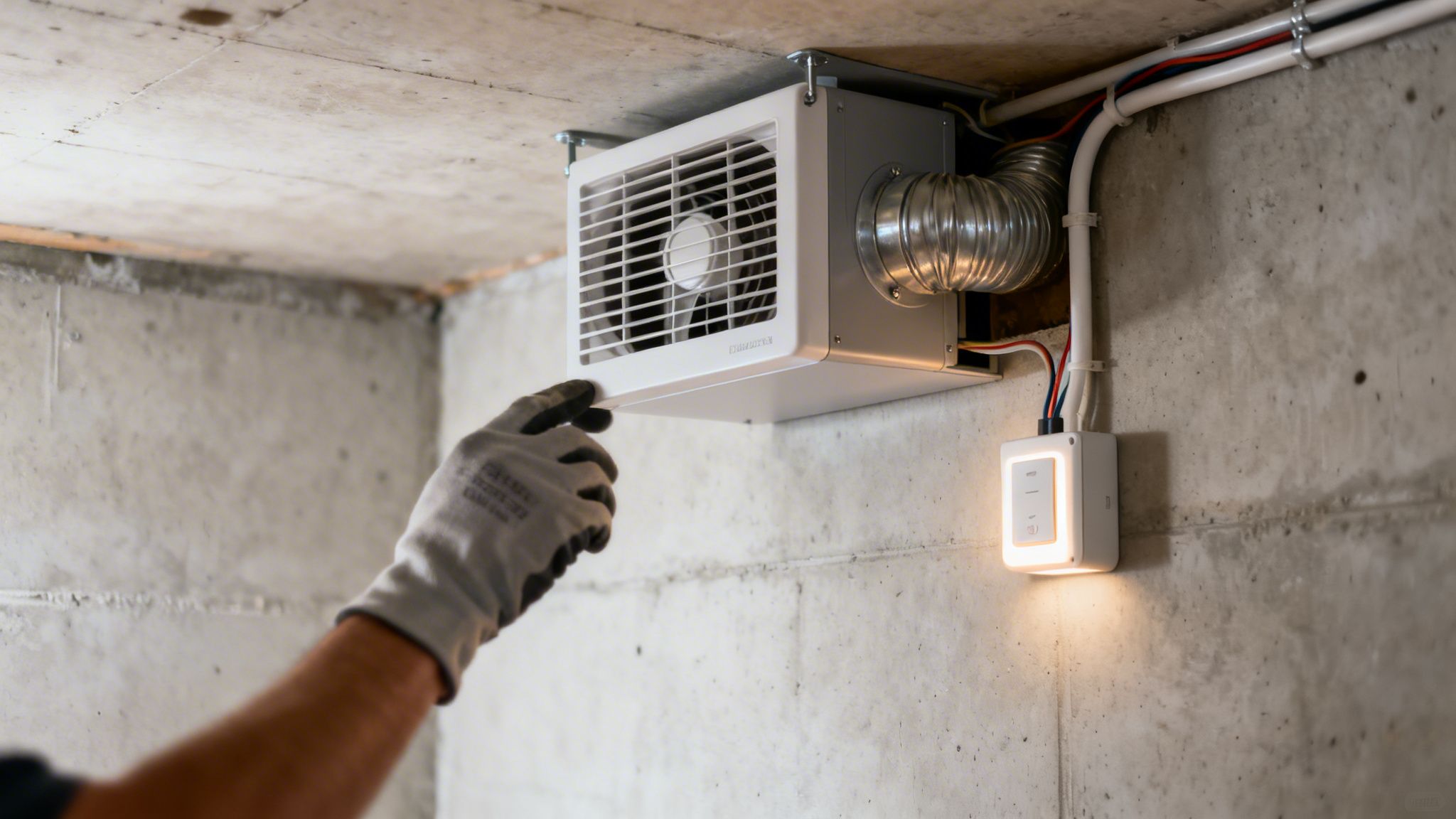 En hånd i handske rører ved et hvidt ventilationsanlæg monteret på en rå betonvæg og loft.