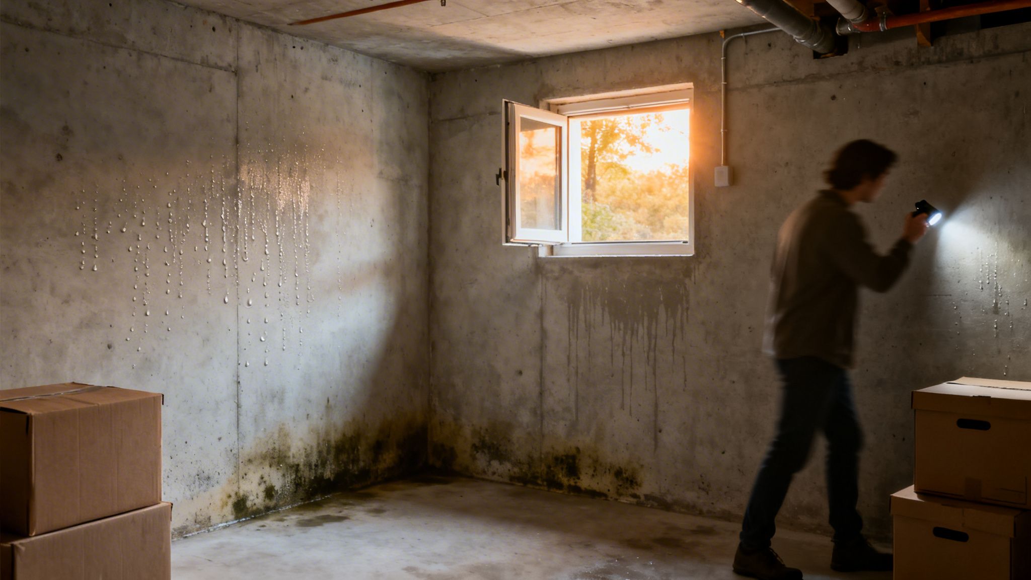 En kælder med fugtige vægge, kondens og skimmel, hvor en person inspicerer med en lommelygte.