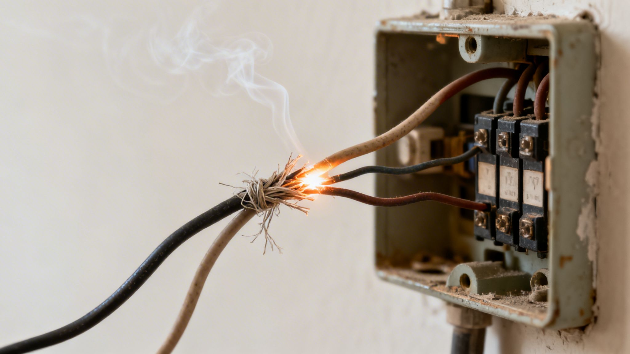 Gnister og røg fra beskadigede el-ledninger ved en gammel, støvet eltavle, der indikerer en farlig elektrisk fejl.