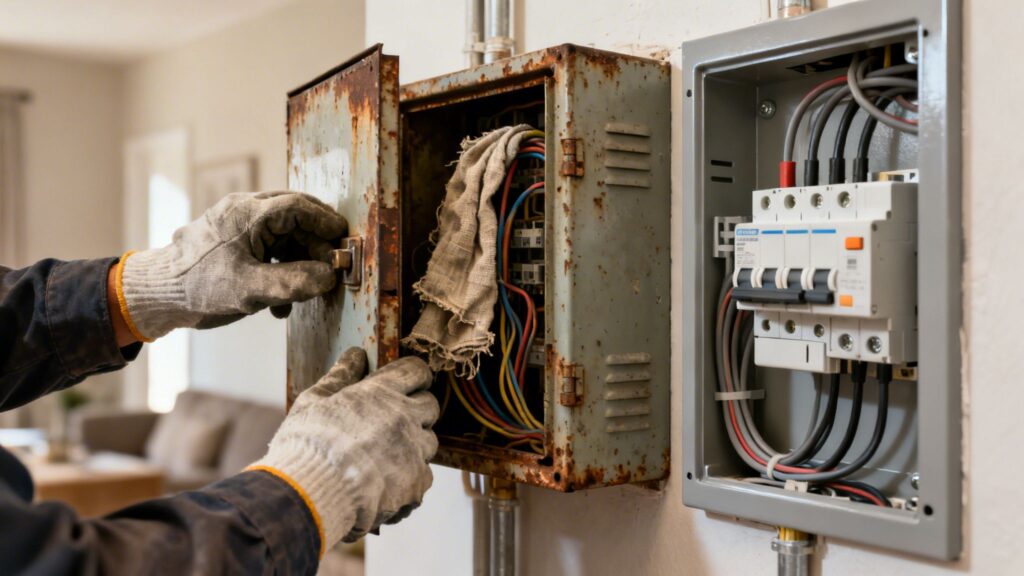 Elektriker arbejder på rustent elskab med ledninger og sikringer.