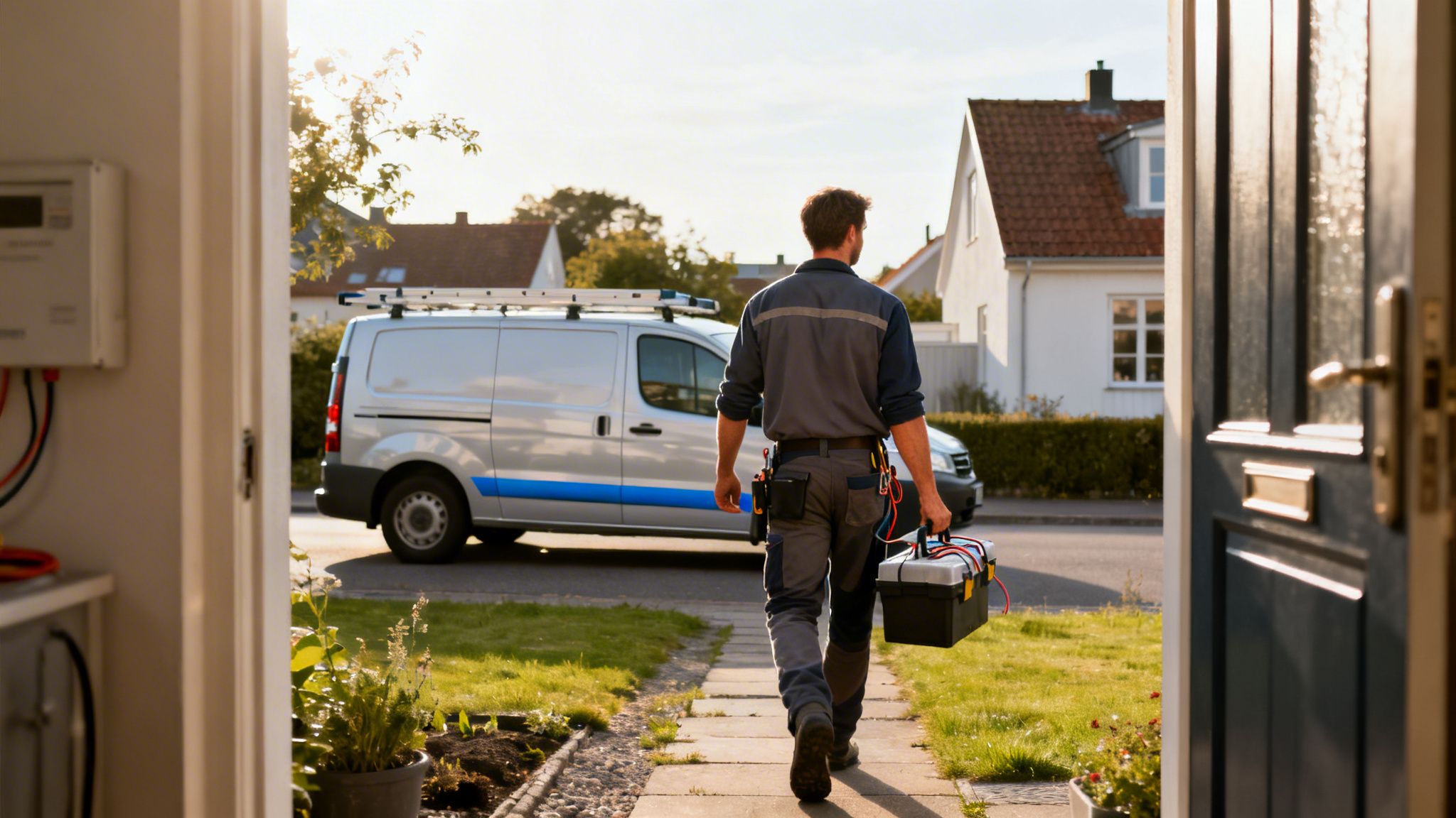 En servicetekniker forlader et hus med værktøjskasse og går mod sin servicevogn på vejen.