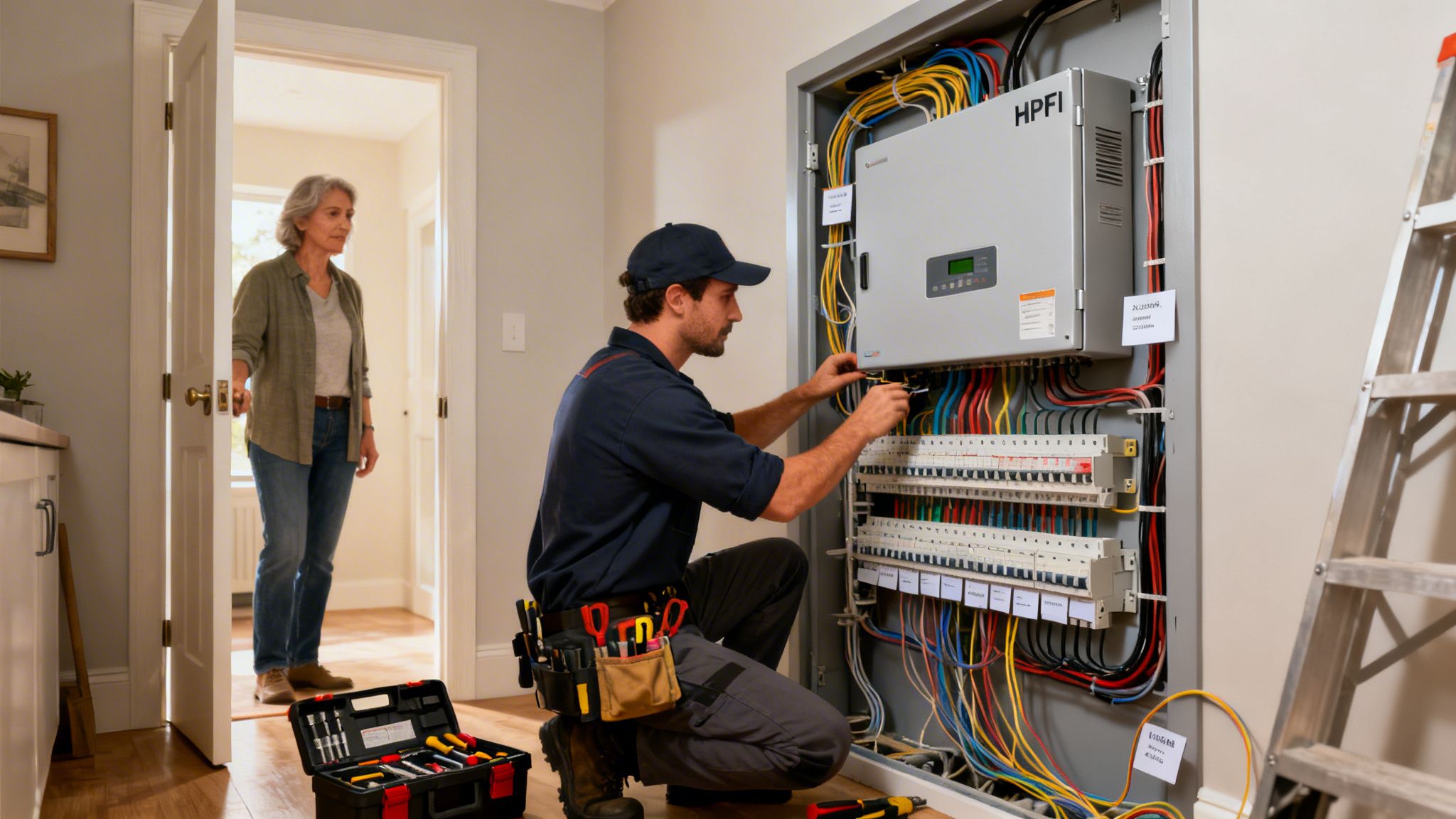 En elektriker arbejder koncentreret på en åben eltavle med mange farvede ledninger, mens en kvinde ser på i baggrunden.
