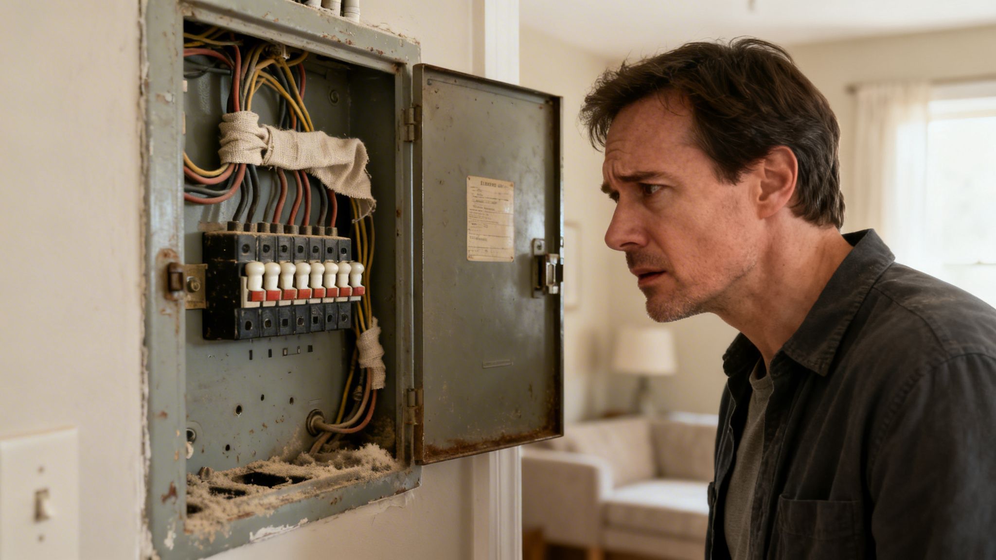 En mand ser bekymret på en gammel, støvet eltavle med synlige ledninger og sikringer.