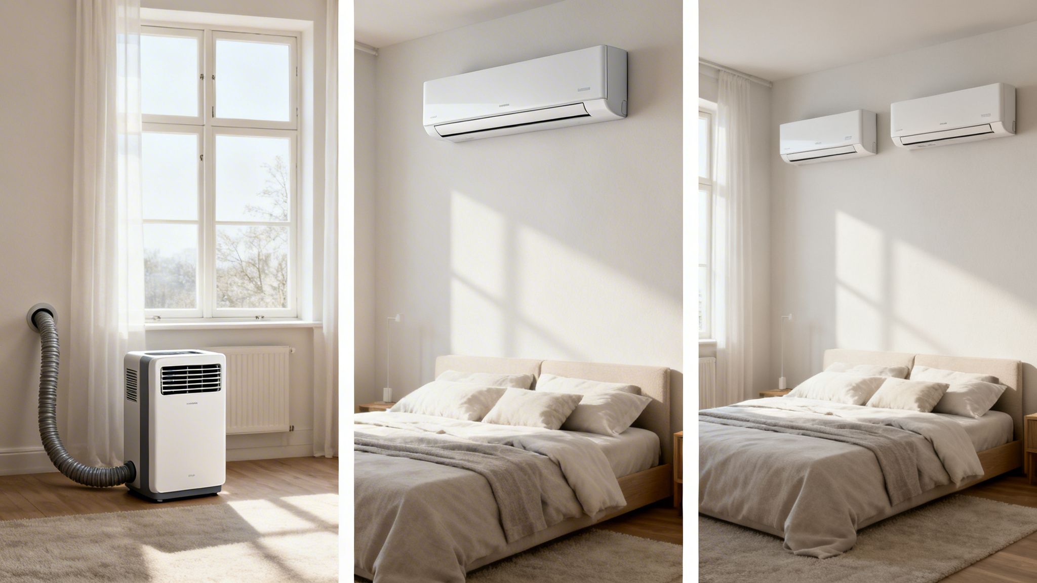 Forskellige airconditionløsninger til soveværelset, herunder en transportabel og vægmonterede modeller.