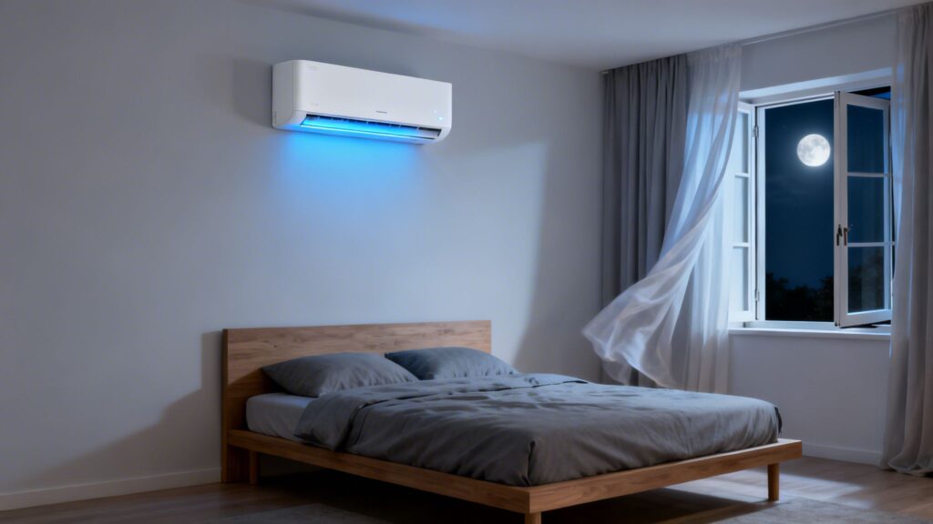 Komfortabelt værelse med klimaanlæg og stor vindue med udsigt til fuldmåne.