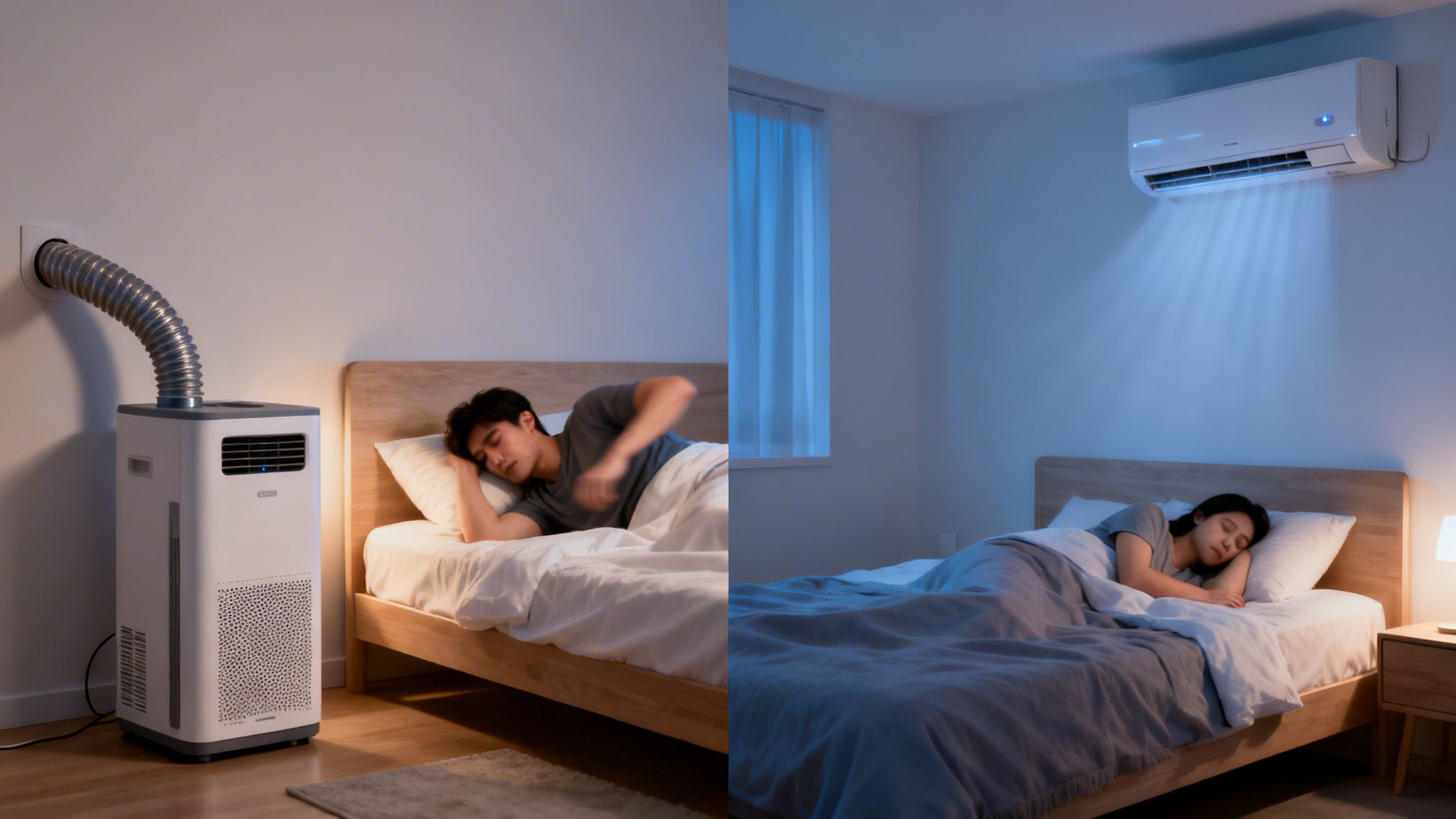En mand sover uroligt ved en bærbar aircondition, mens en kvinde sover fredeligt med en vægmonteret aircondition.