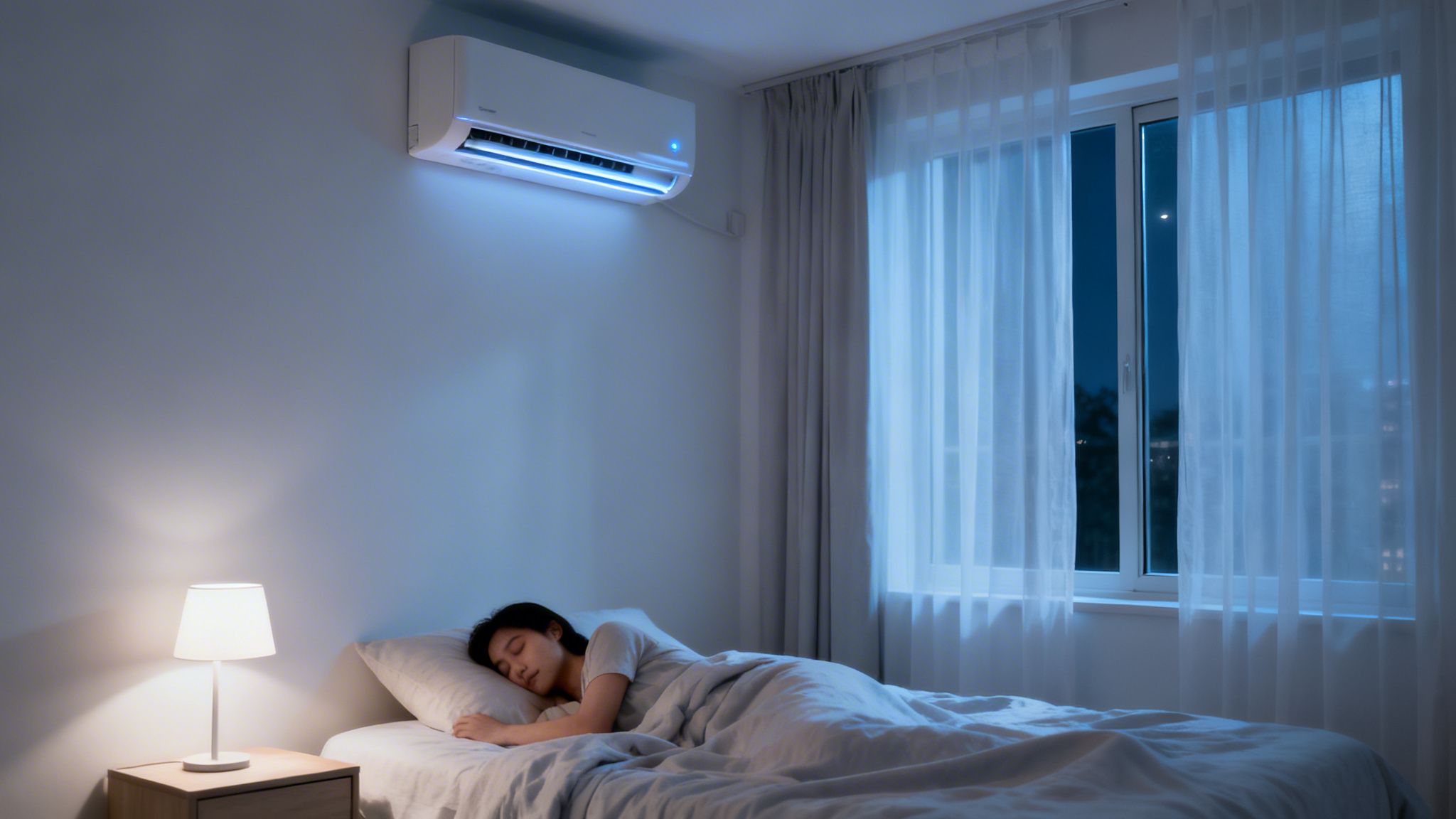 Kvinde sover fredeligt i sengen med tændt aircondition og dæmpet lys om natten.